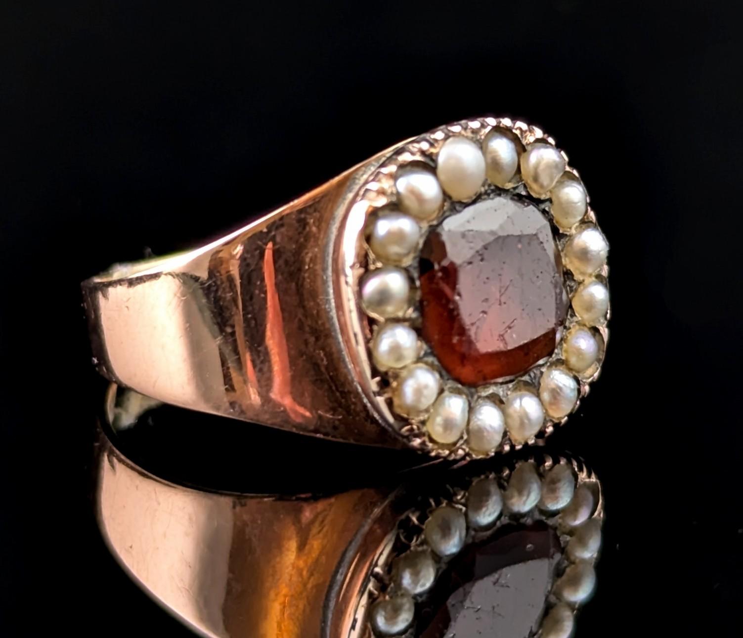 Women's or Men's Antique Georgian Hessonite Garnet and Pearl ring, 9k rose gold For Sale