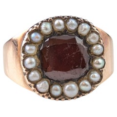 Antique Georgian Hessonite Garnet and Pearl ring, 9k rose gold