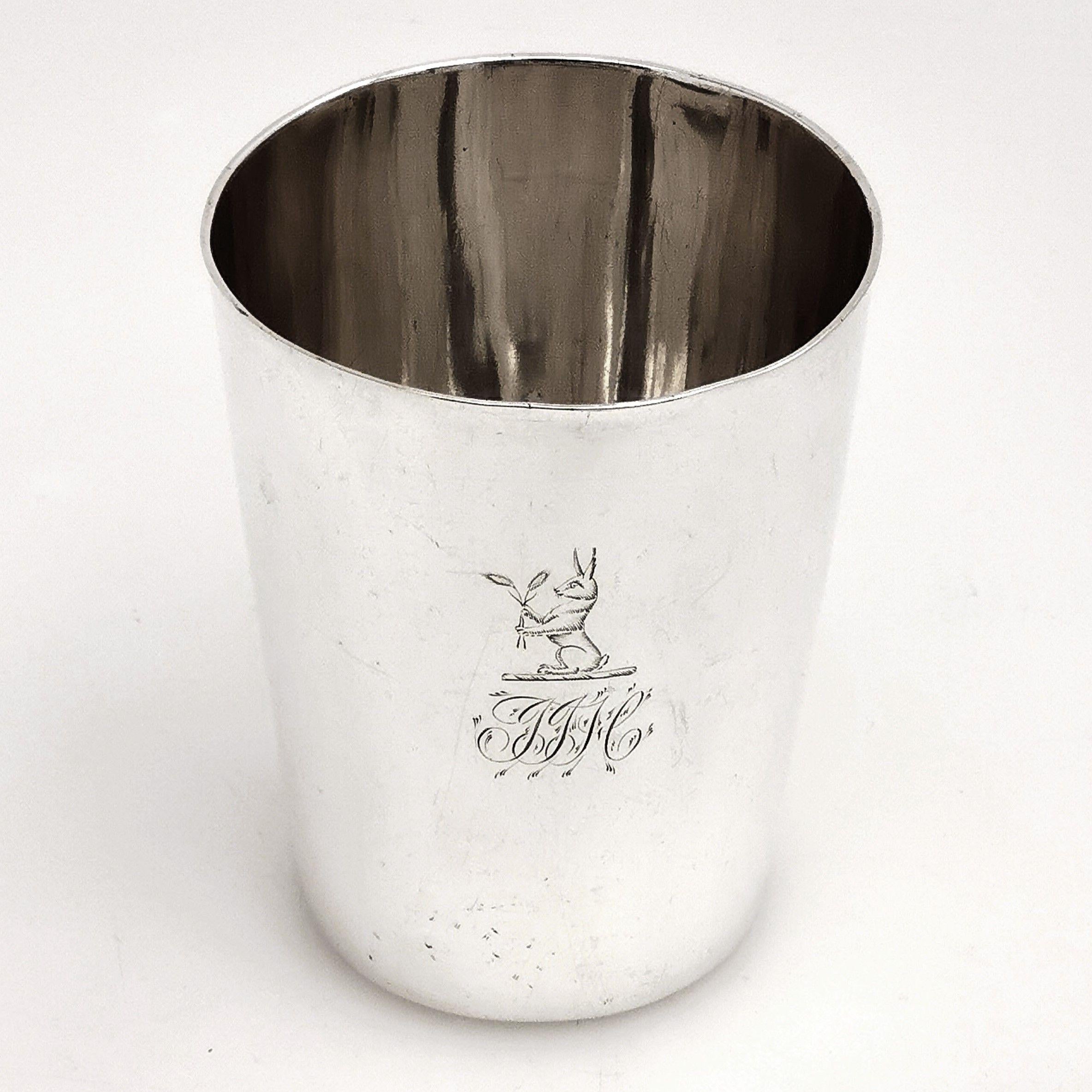 A gorgeous antique George III Irish Silver Beaker in a classic straight sided shape. The Goblet is un-embellished except for a delicate engraved rabbit crest with a monogram below. The Beaker is plain Polished Silver with an gorgeous patina