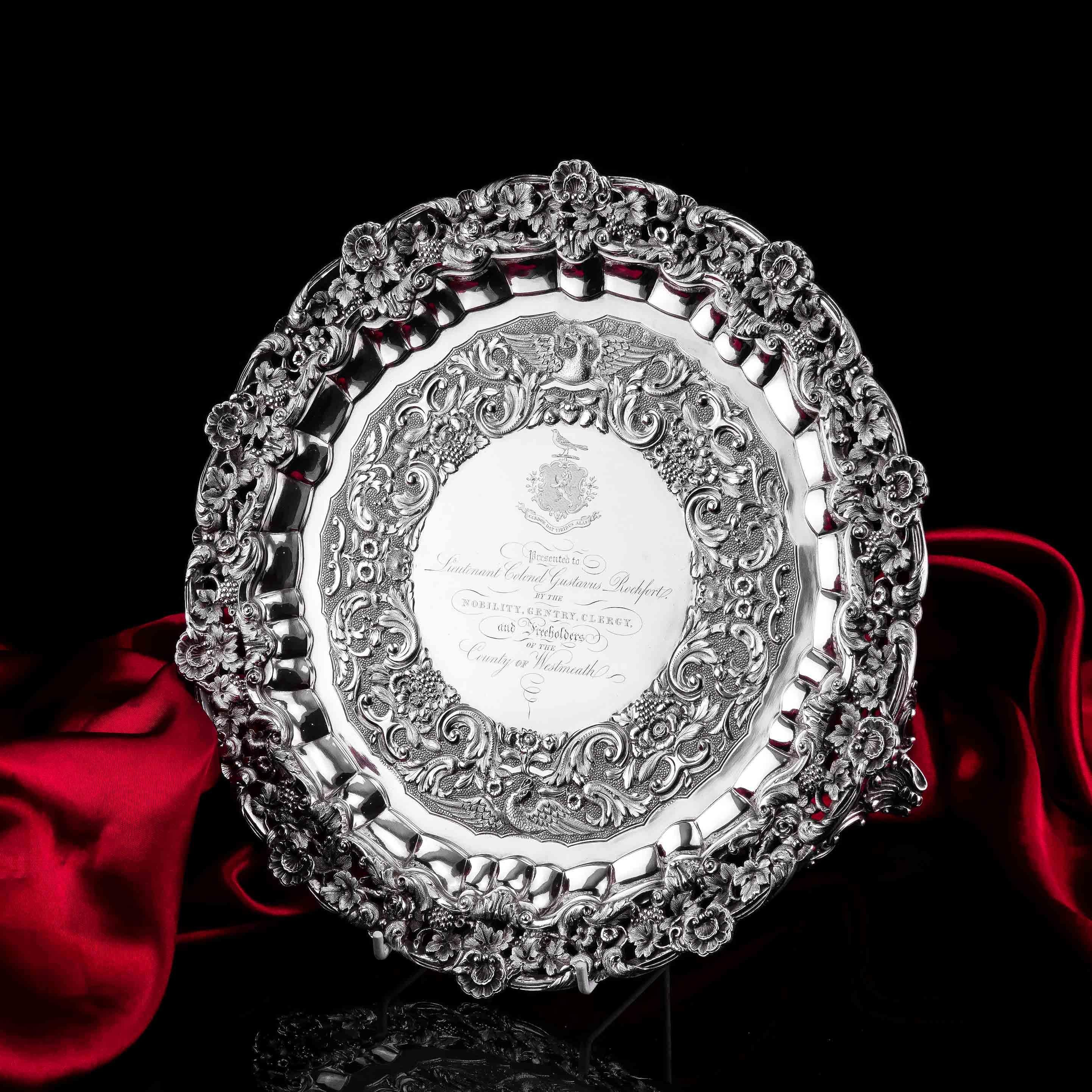 We are delighted to offer this Magnificent solid silver Georgian tray/salver made in Dublin 1833 by James Fray.
 
The salver presents an array of remarkable and striking features such as the applied cast-silver border, an intricately chased inner