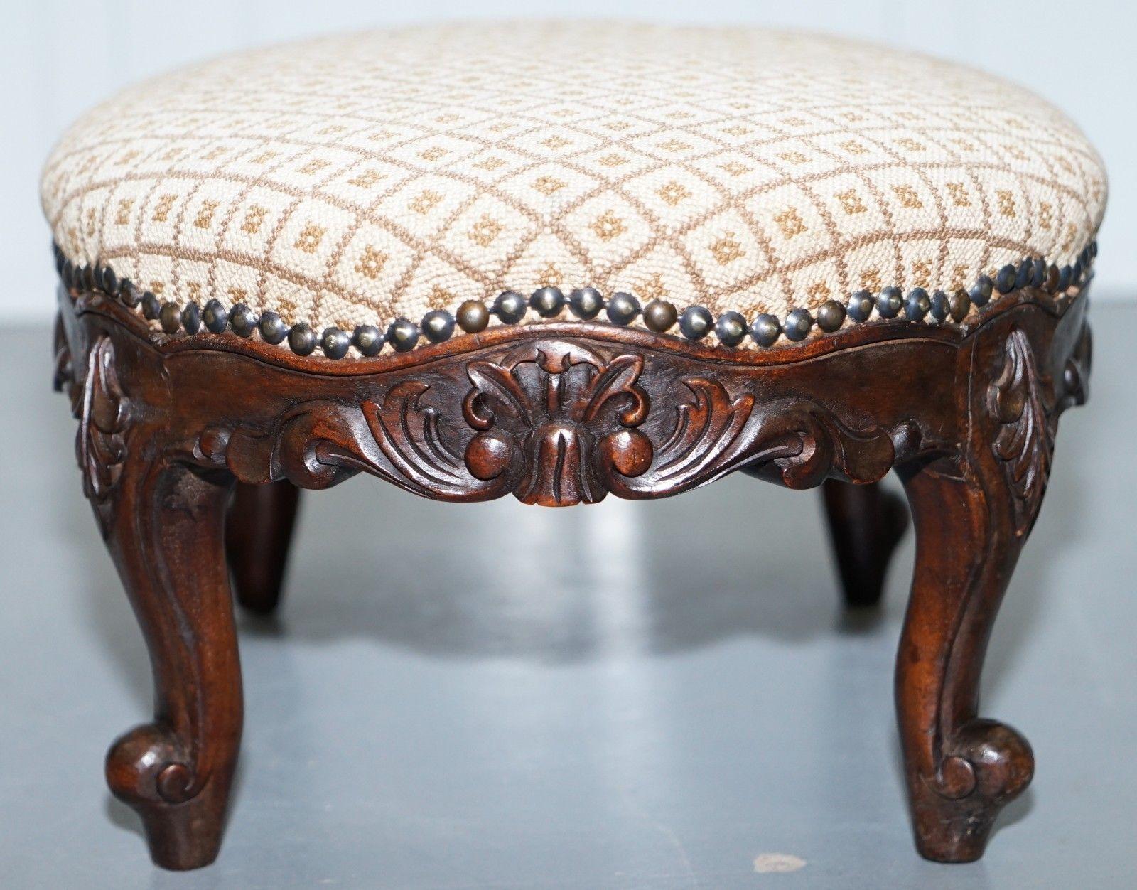 Antique Georgian Irish Style Mahogany Hand-Carved Footstool Sweetstyle Design 4