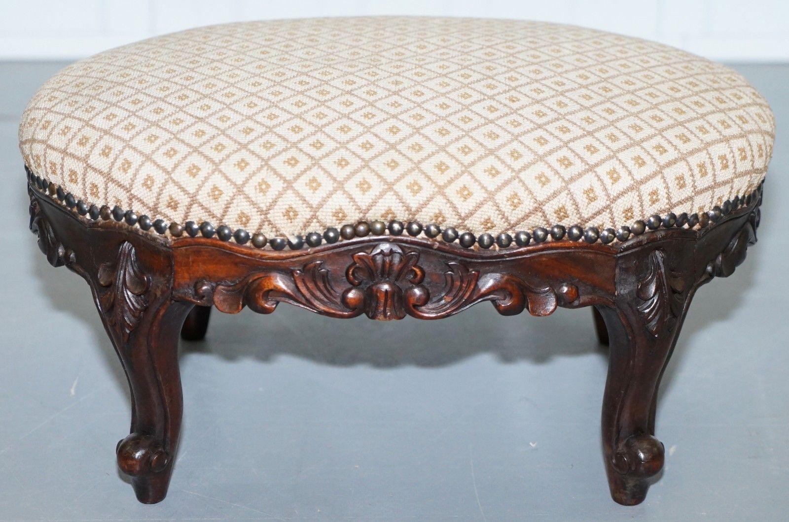 Antique Georgian Irish Style Mahogany Hand-Carved Footstool Sweetstyle Design 6