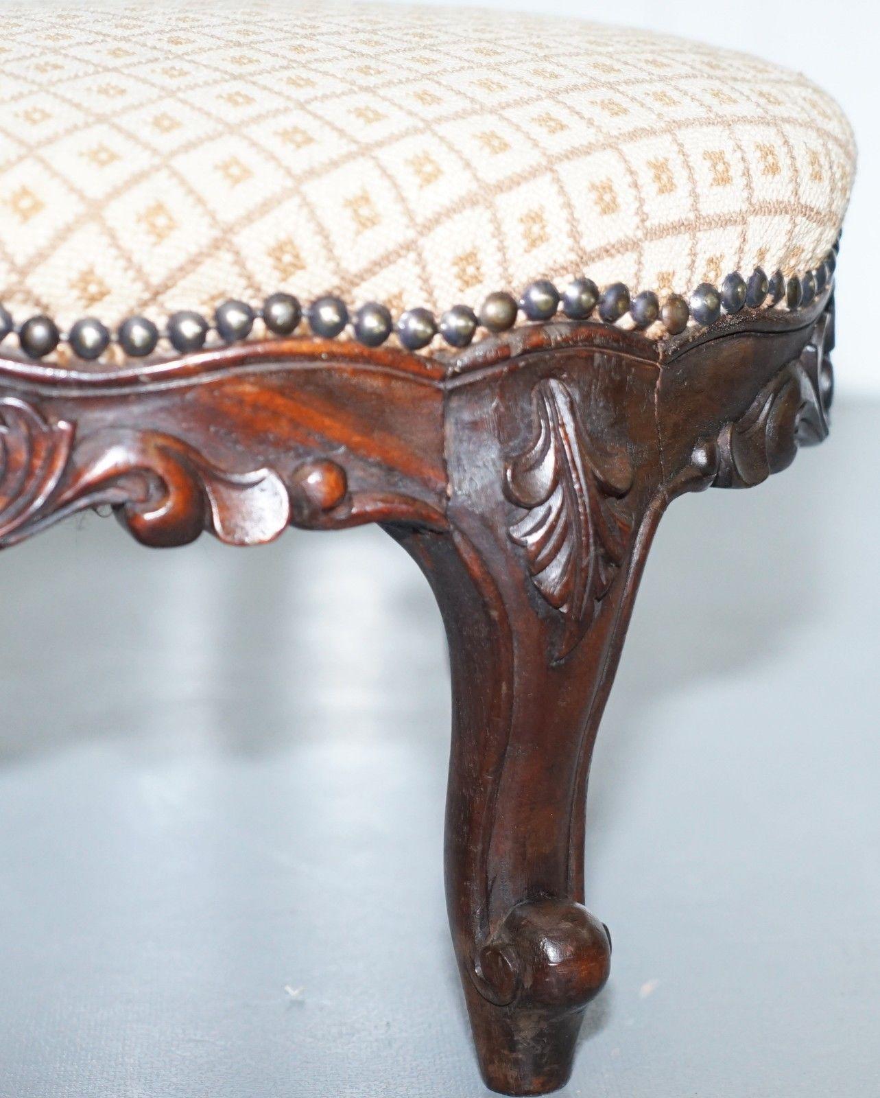 19th Century Antique Georgian Irish Style Mahogany Hand-Carved Footstool Sweetstyle Design