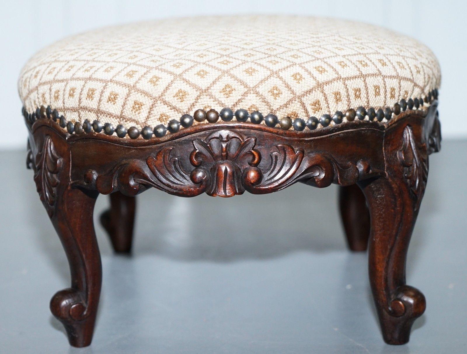 Fabric Antique Georgian Irish Style Mahogany Hand-Carved Footstool Sweetstyle Design