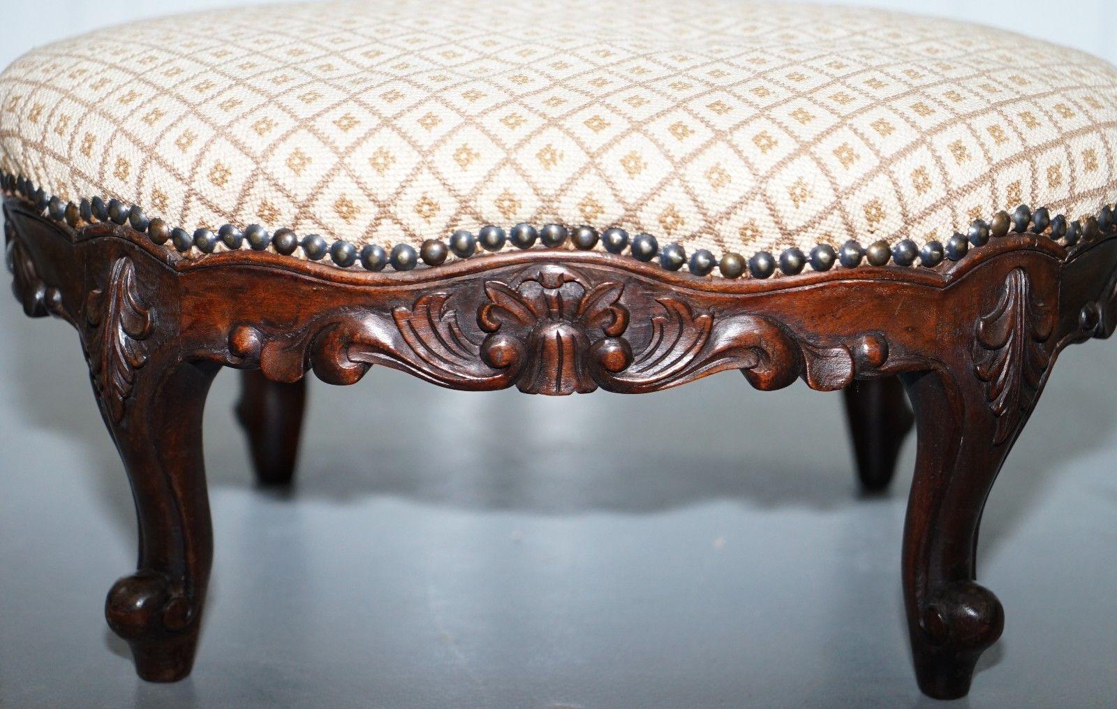 Antique Georgian Irish Style Mahogany Hand-Carved Footstool Sweetstyle Design 2