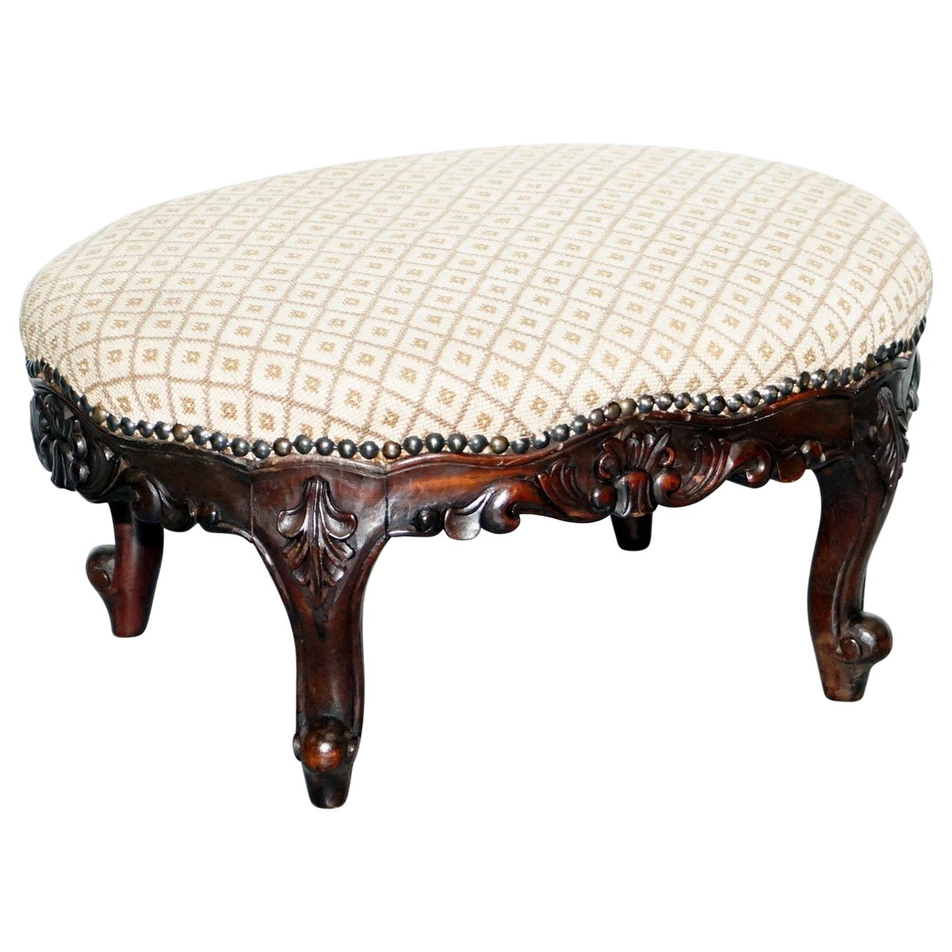 Antique Georgian Irish Style Mahogany Hand-Carved Footstool Sweetstyle Design