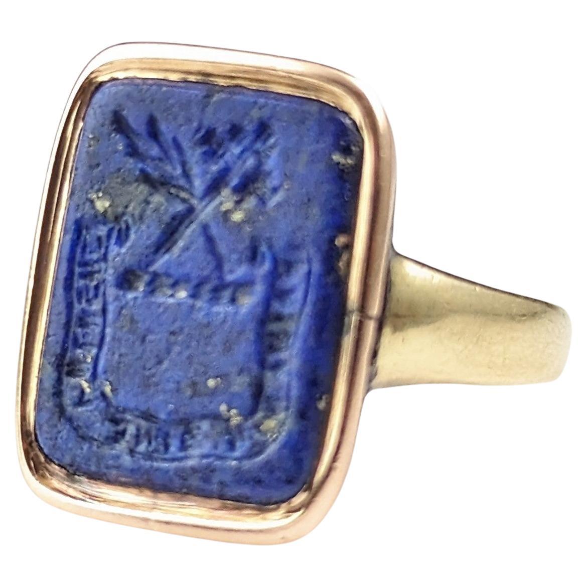 Antique Georgian Lapis Lazuli intaglio seal ring, 15k gold, Signet ring  3