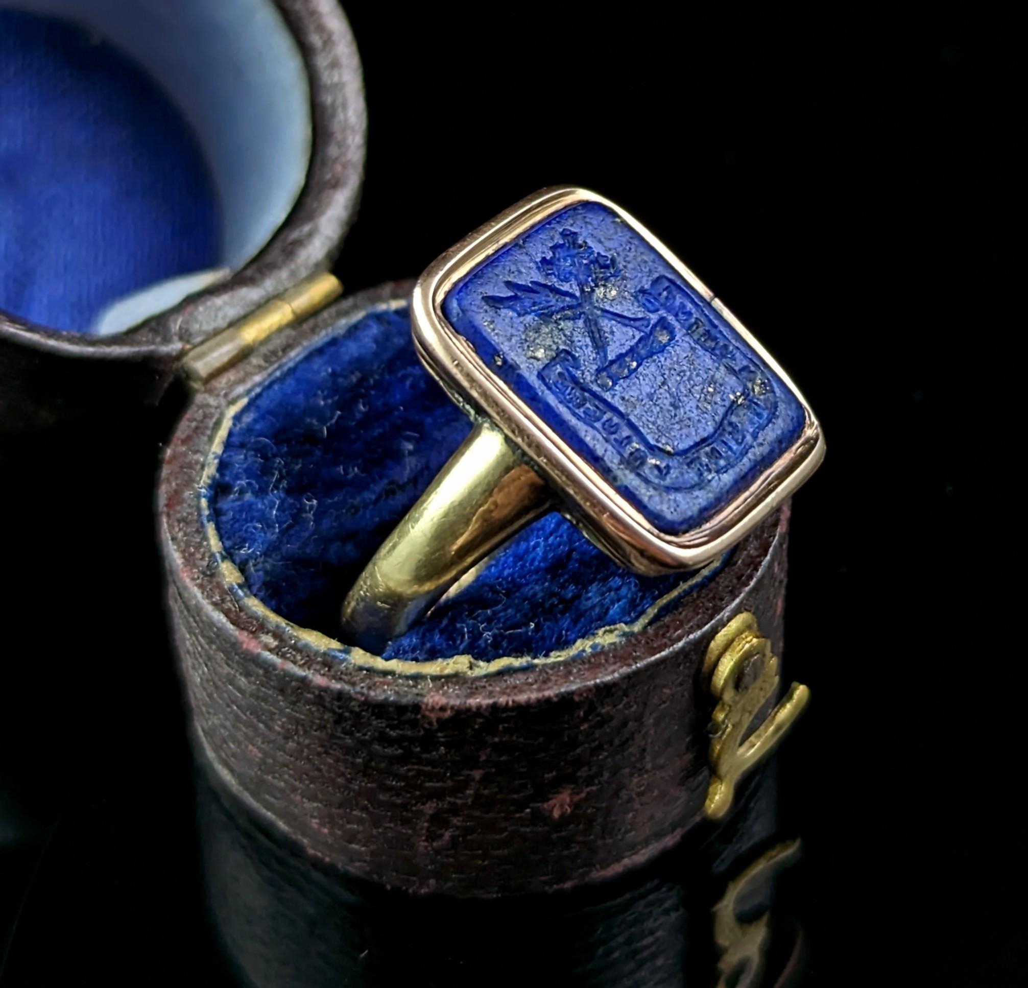 Square Cut Antique Georgian Lapis Lazuli intaglio seal ring, 15k gold, Signet ring 
