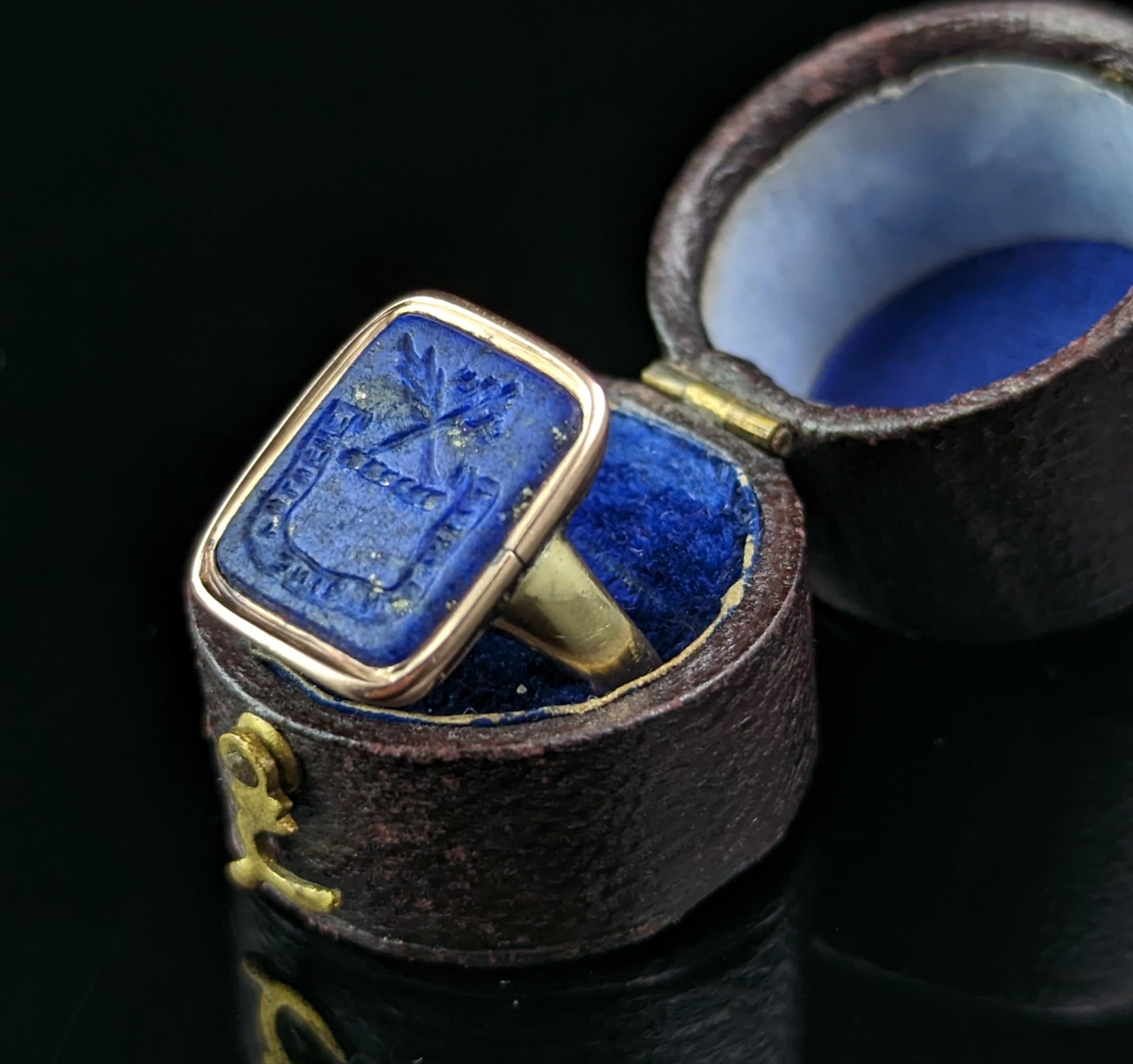 Women's or Men's Antique Georgian Lapis Lazuli intaglio seal ring, 15k gold, Signet ring 