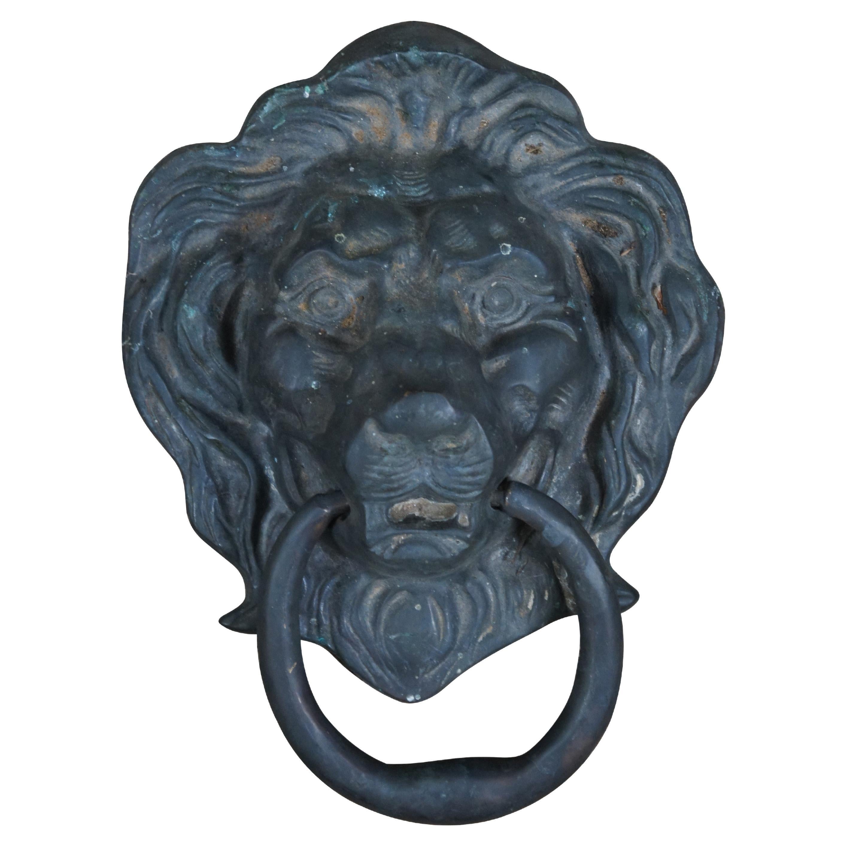Antique Georgian Large Heavy Solid Brass Lion Head Door Knocker Hardware 11" For Sale