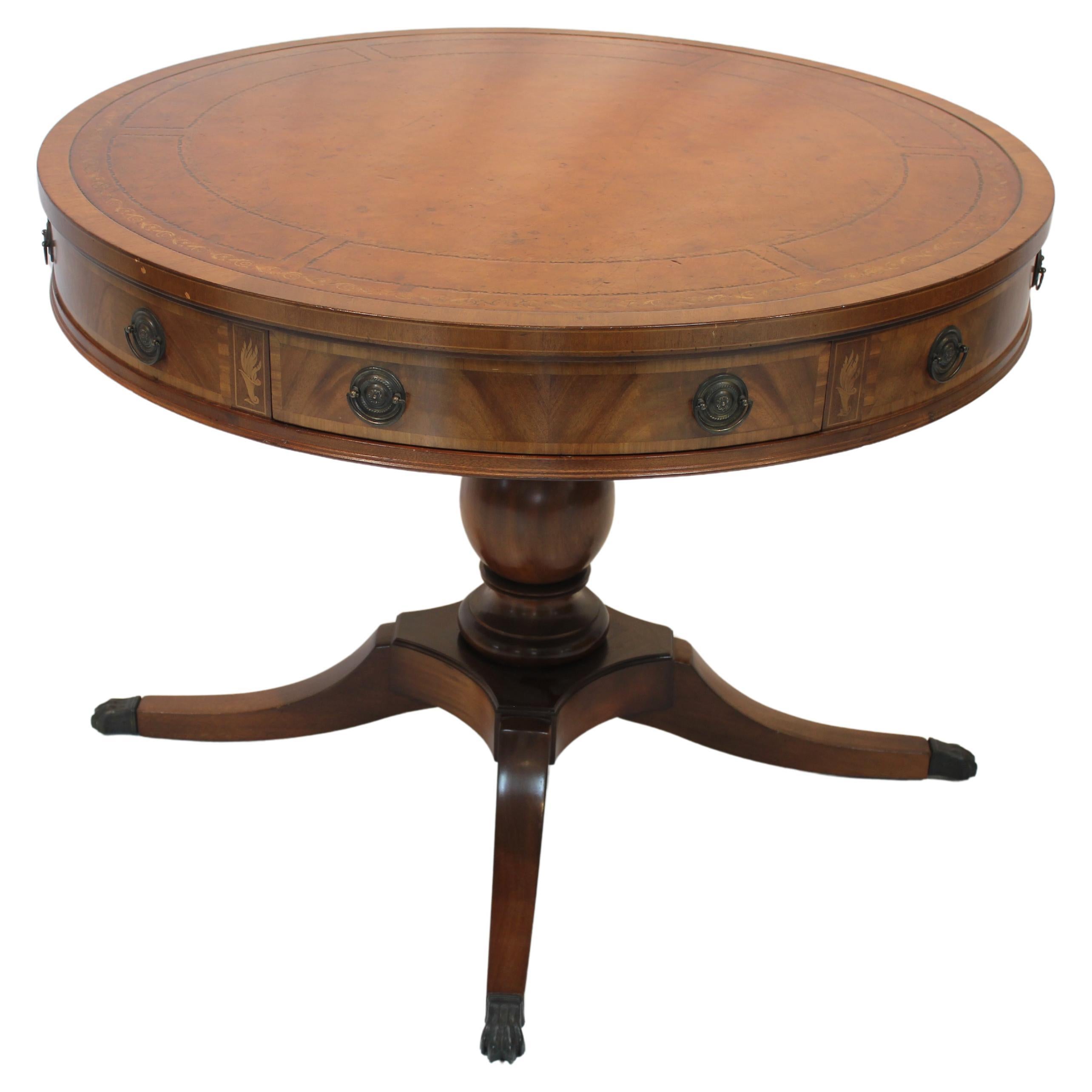 Antique Georgian Leather Top Inlay Mahogany Center "Rent" Table Early 20h C For Sale