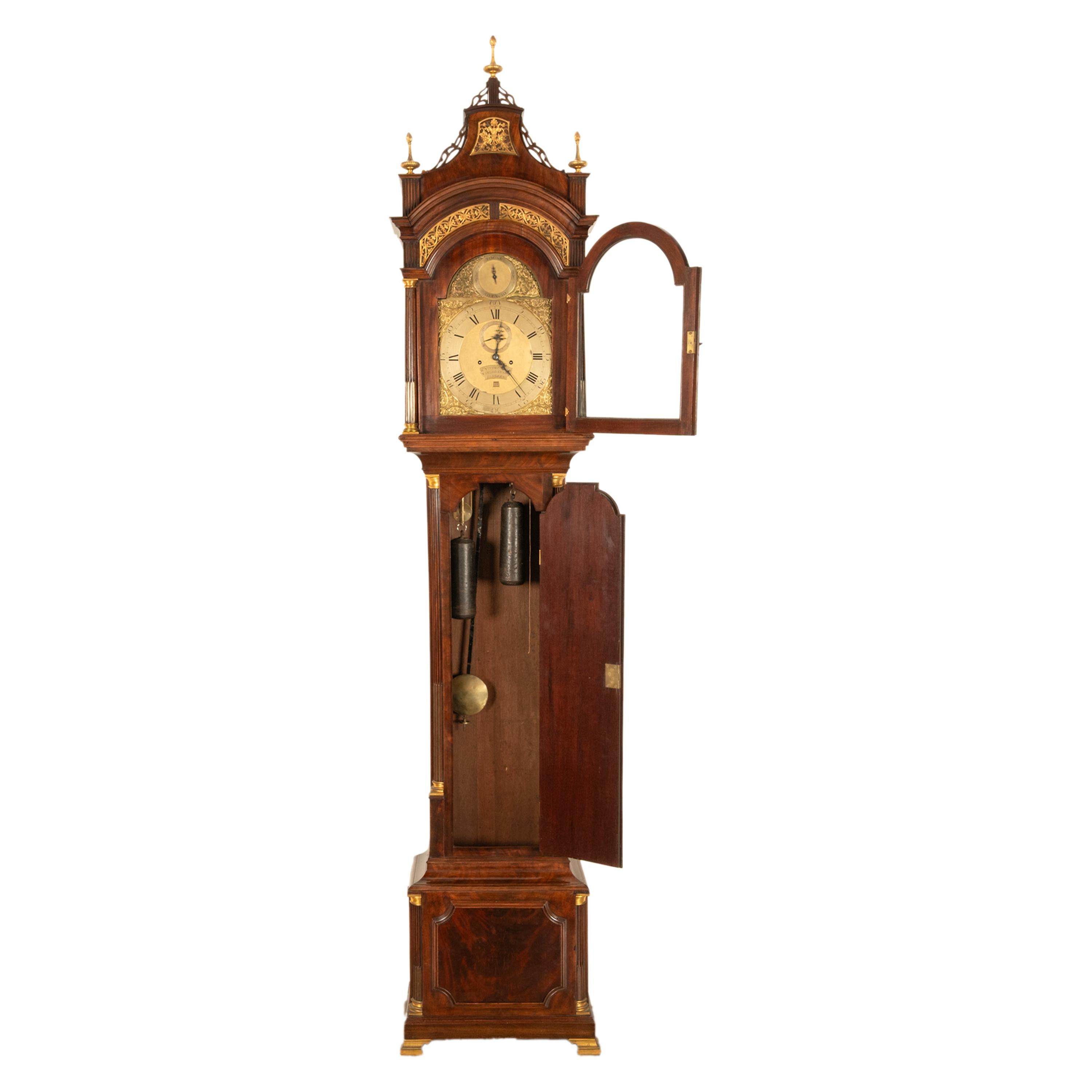 Antiguo reloj de pie georgiano de caja larga Higgs & Evans London Spanish Market Dorado en venta