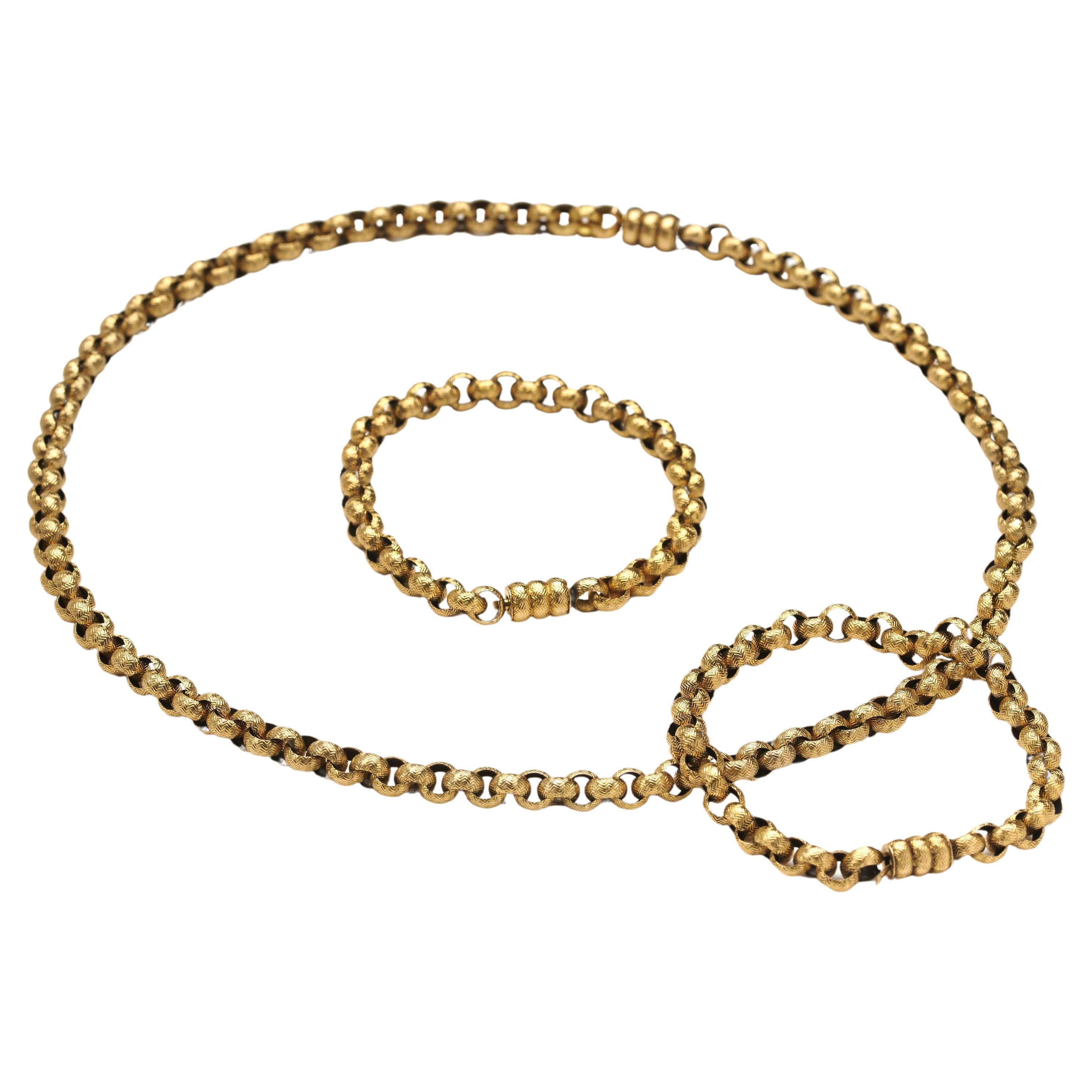 Antique Georgian Long Gold Chain, Necklace and Bracelets, Circa 1820 For Sale