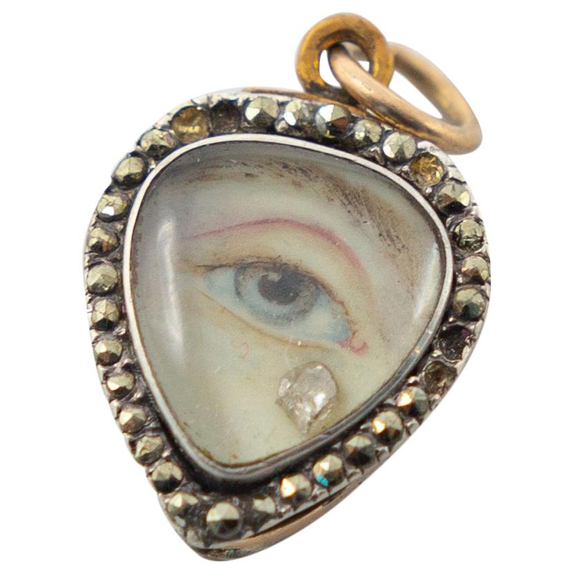 Antique Georgian Lovers Eyes with a Diamond Tear Drop Mourning Heart Pendant For Sale