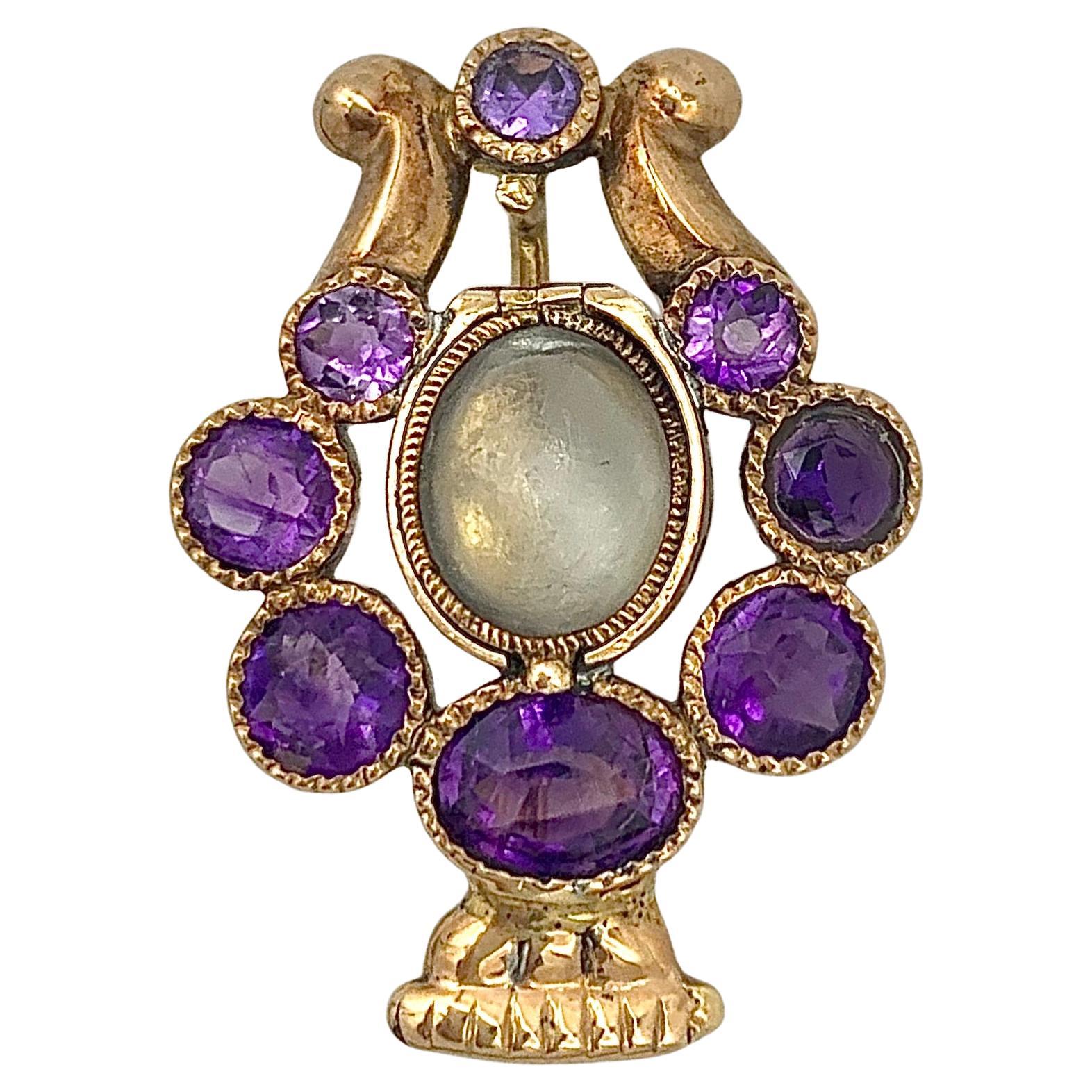 Antike georgianische Lyra-Brosche mit Medaillon, Amethyst, Goldglas, Musikinstrument 