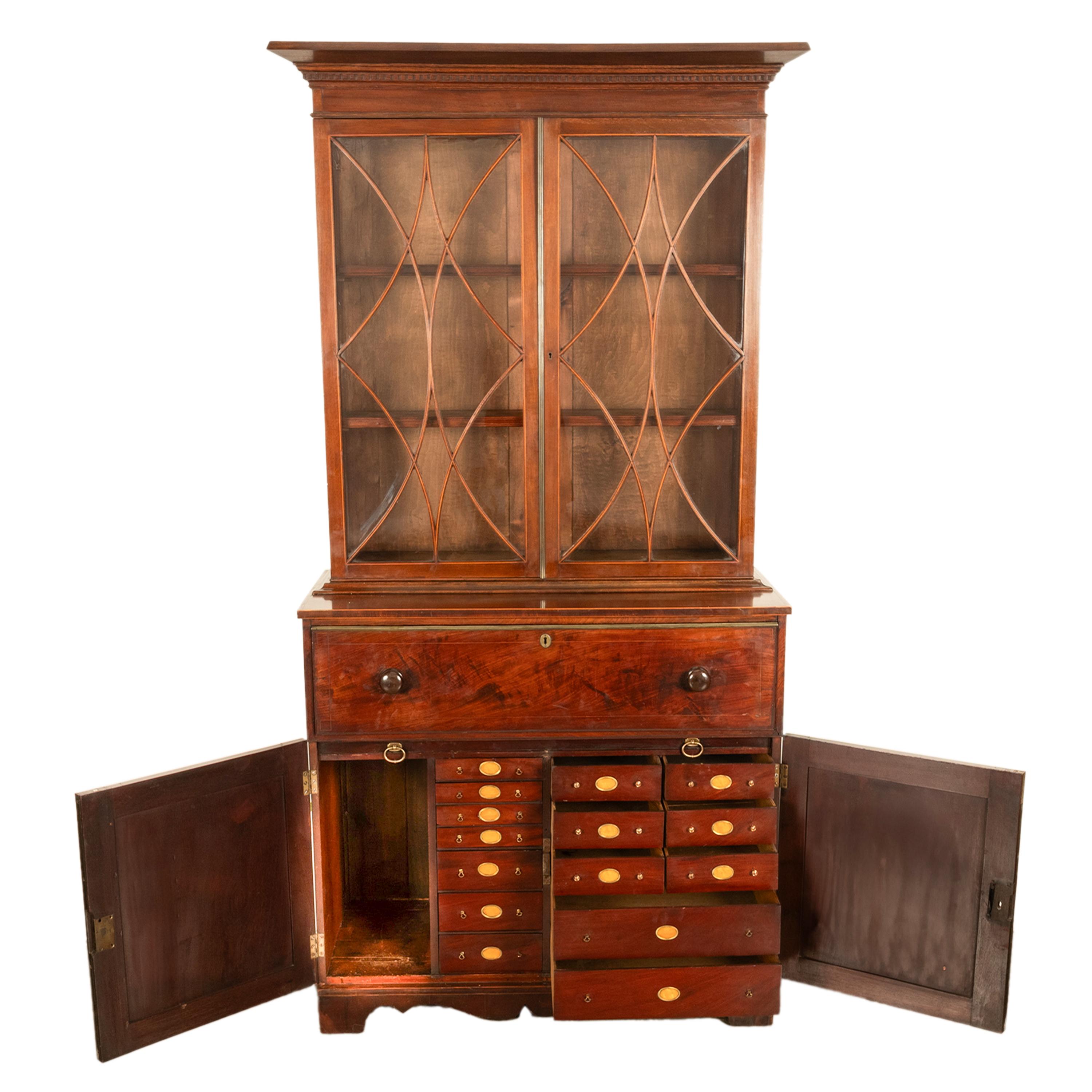 Antique Georgian Mahogany Bookcase Secretary Collectors Doctors Cabinet 1790 For Sale 14