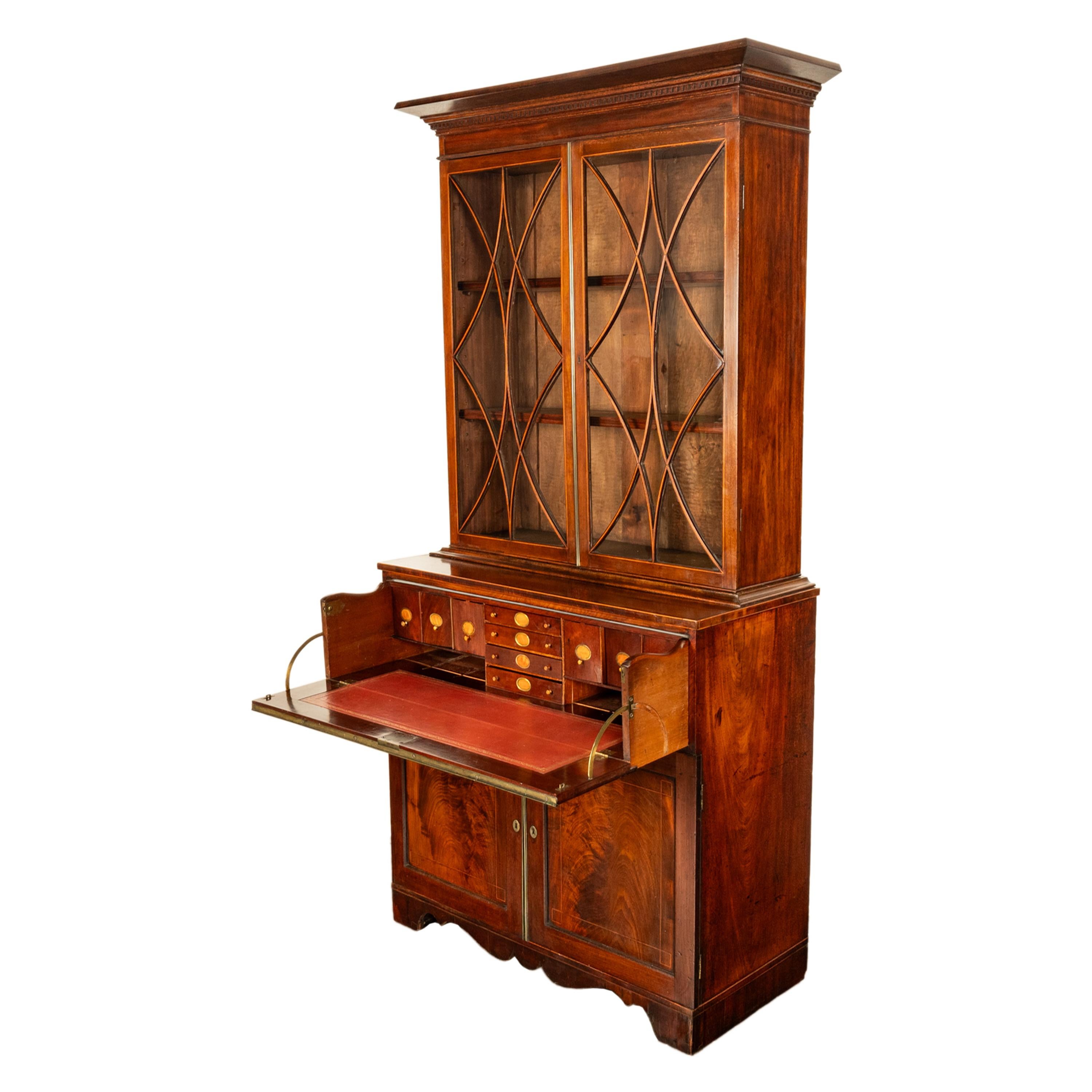 Leather Antique Georgian Mahogany Bookcase Secretary Collectors Doctors Cabinet 1790 For Sale