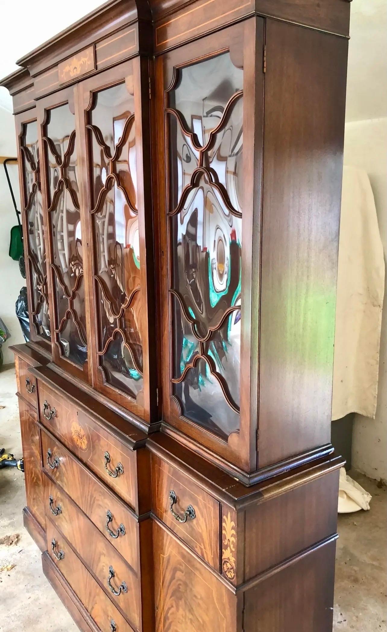 English Antique Georgian Mahogany Breakfront China Cabinet Sideboard Secretary Desk