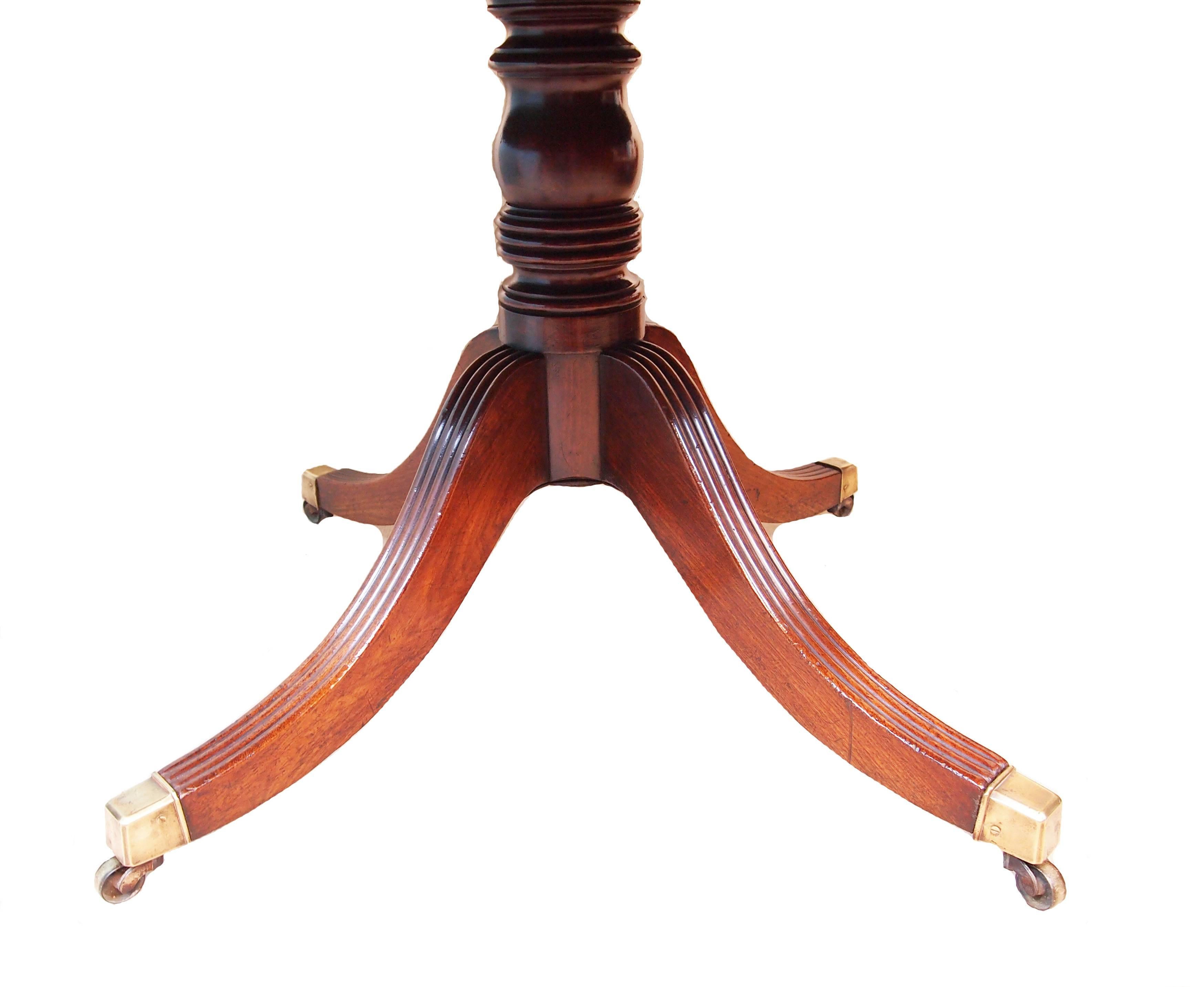 A Very Good Quality Early 19th Century George III
Period Mahogany Drum Table Having Well Figured Circular
Rotating Top Raised On Elegant Turned Column And Four Splayed
Legs Terminating On Original Brass Castors

(Often referred to as rent tables due