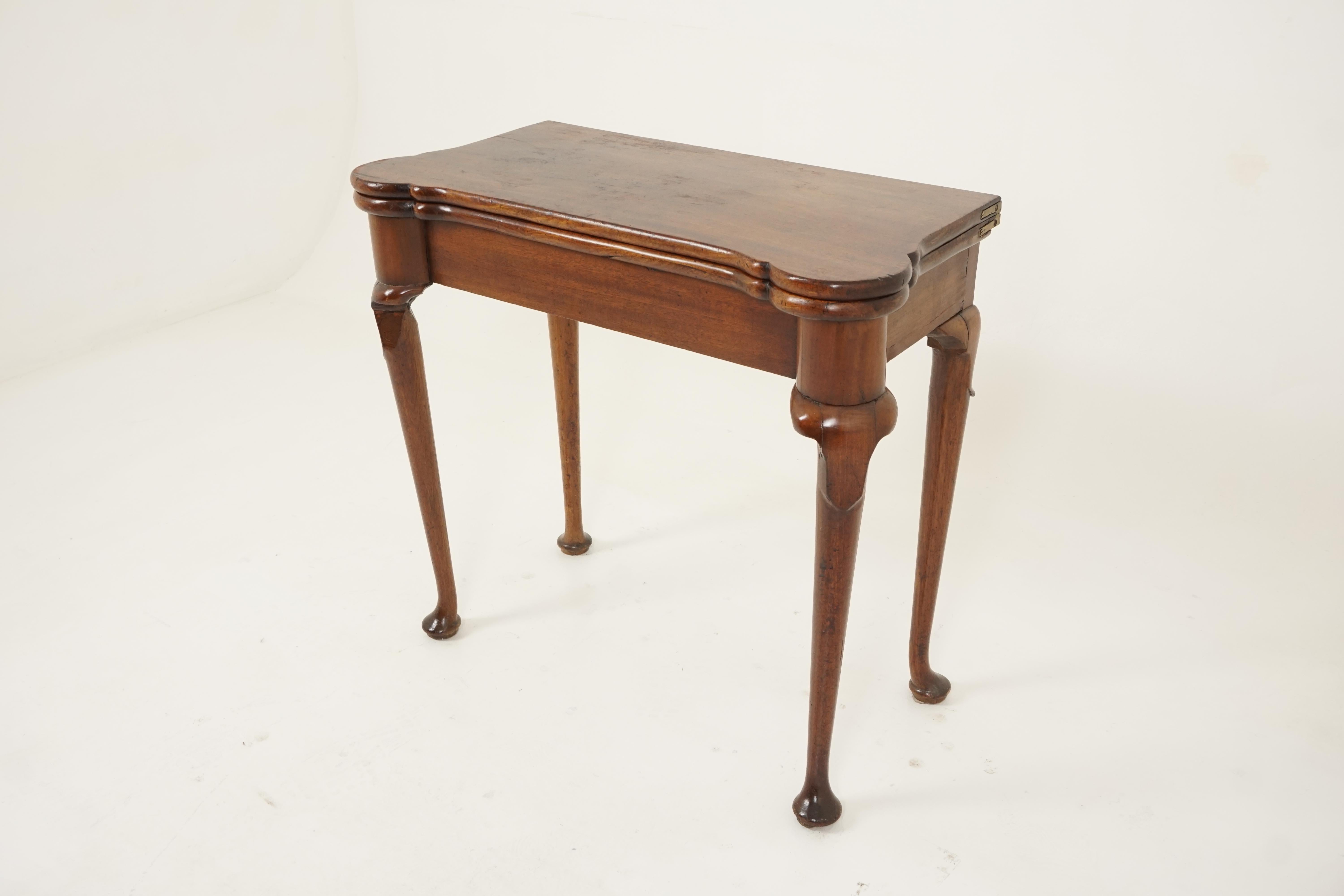 Antique Georgian mahogany fold over tea table, Scotland 1810, B2721

Scotland 1810
Solid Mahogany
Original finish
Solid shaped top
The back leg swings out and the top can be folded over to create a two part table top
The top has candlestick