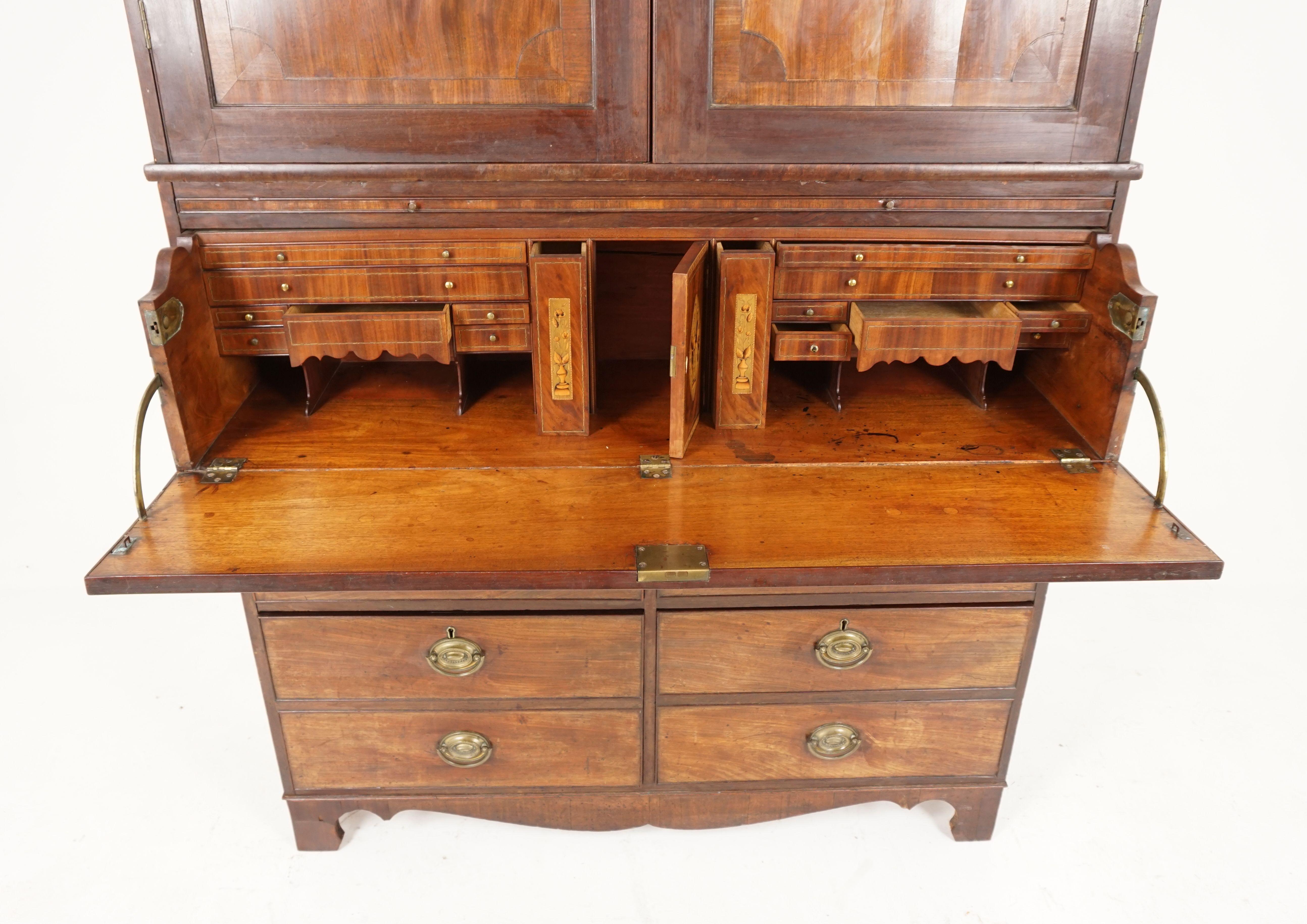 Antique Georgian Mahogany housekeeper secretaire cupboard, Scotland 1780, H071

Scotland 1780
Original Finish
Moulded cornice with bands of fluting to the frieze
Two paneled doors open to reveal two full size shelves
The secretaire below has a