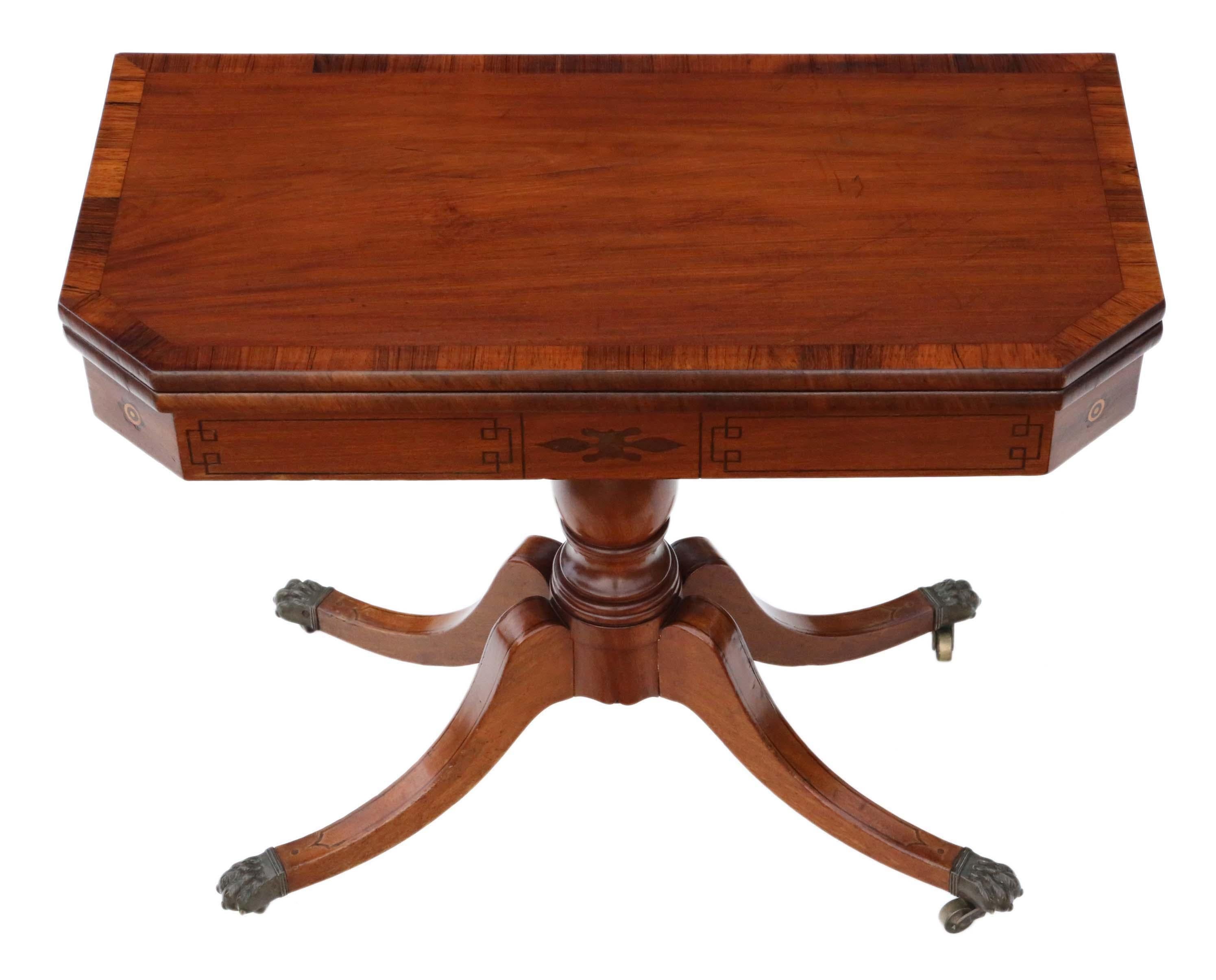 Antique Georgian circa 1810 mahogany folding tea table, that would also make a charming card or console table.

This is a lovely table, that is full of age, charm and character. Stands on attractive brass castors.

No loose joints and the finishes