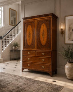 Antique Georgian Mahogany Satinwood Inlaid Linen Press Housekeepers Wardrobe