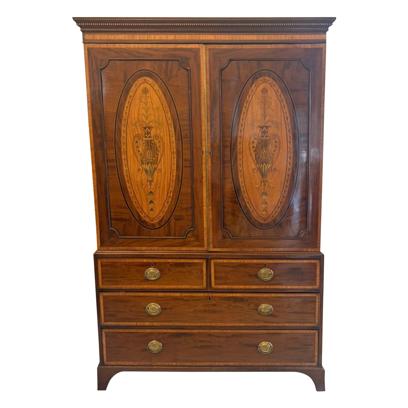 Antique Georgian Mahogany Satinwood Inlaid Linen Press Housekeepers Wardrobe For Sale