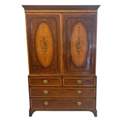 Antique Georgian Mahogany Satinwood Inlaid Linen Press Housekeepers Wardrobe