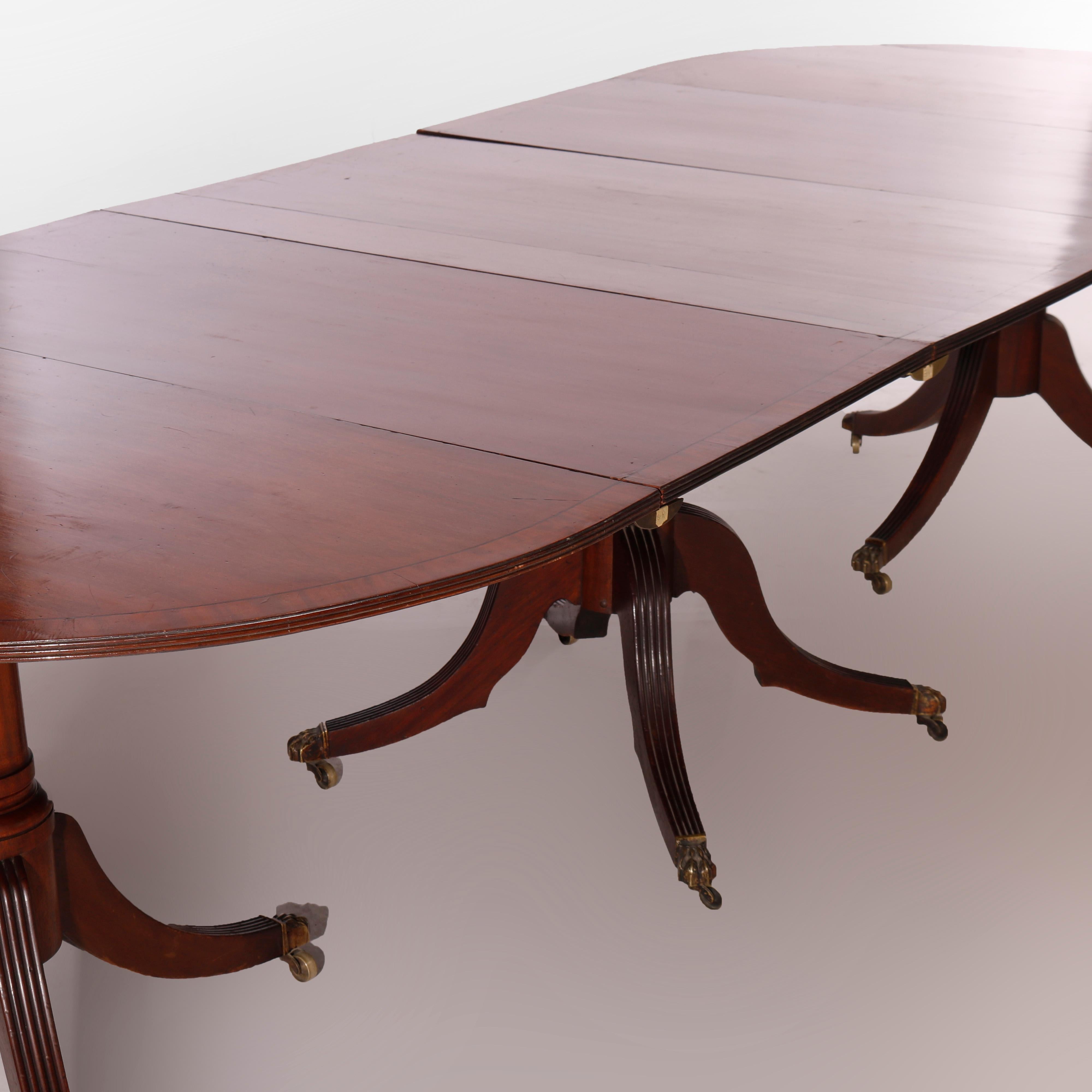 19th Century Antique Georgian Mahogany Triple Pedestal Dining Table with 2 Leaves, 19th C