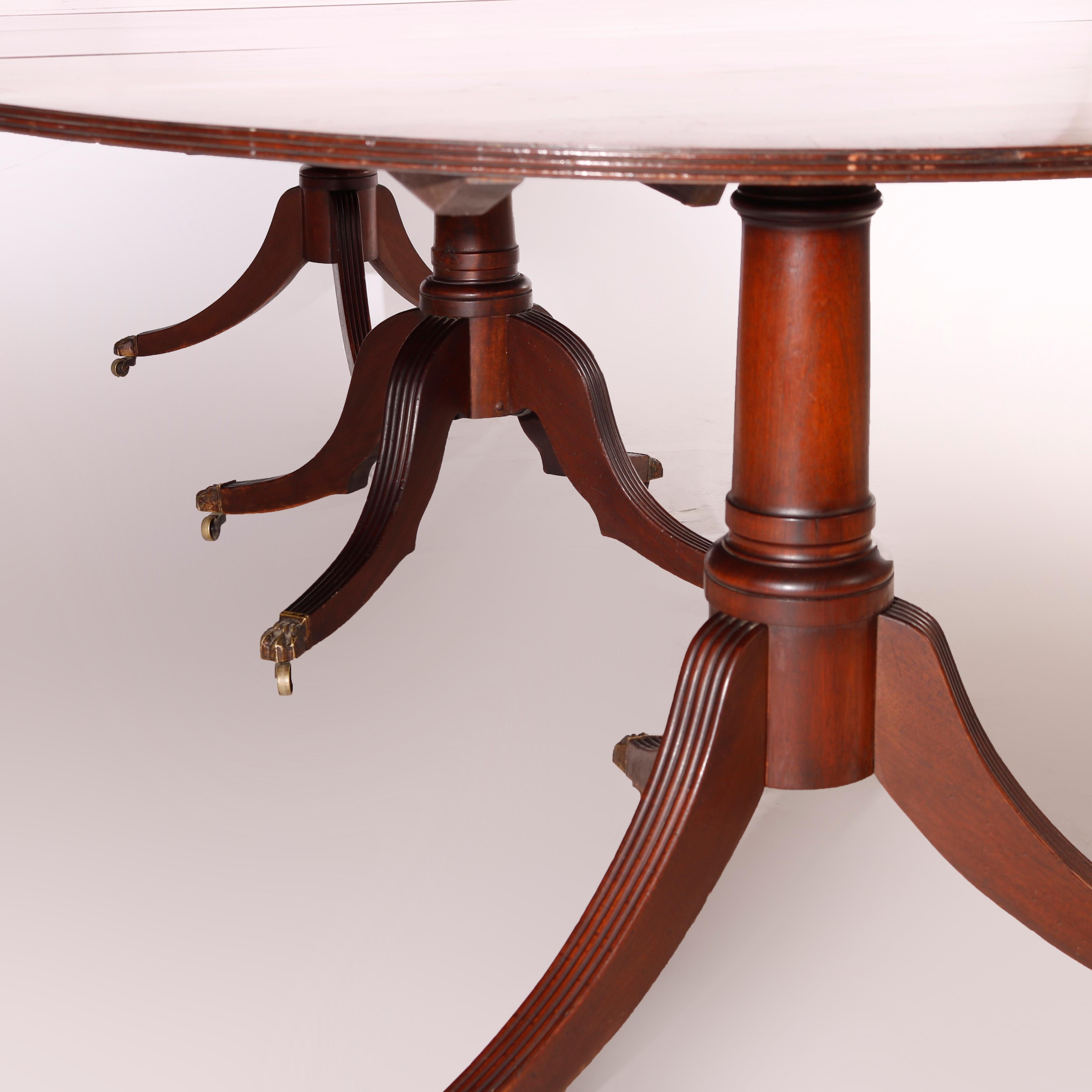 Antique Georgian Mahogany Triple Pedestal Dining Table with 2 Leaves, 19th C 1