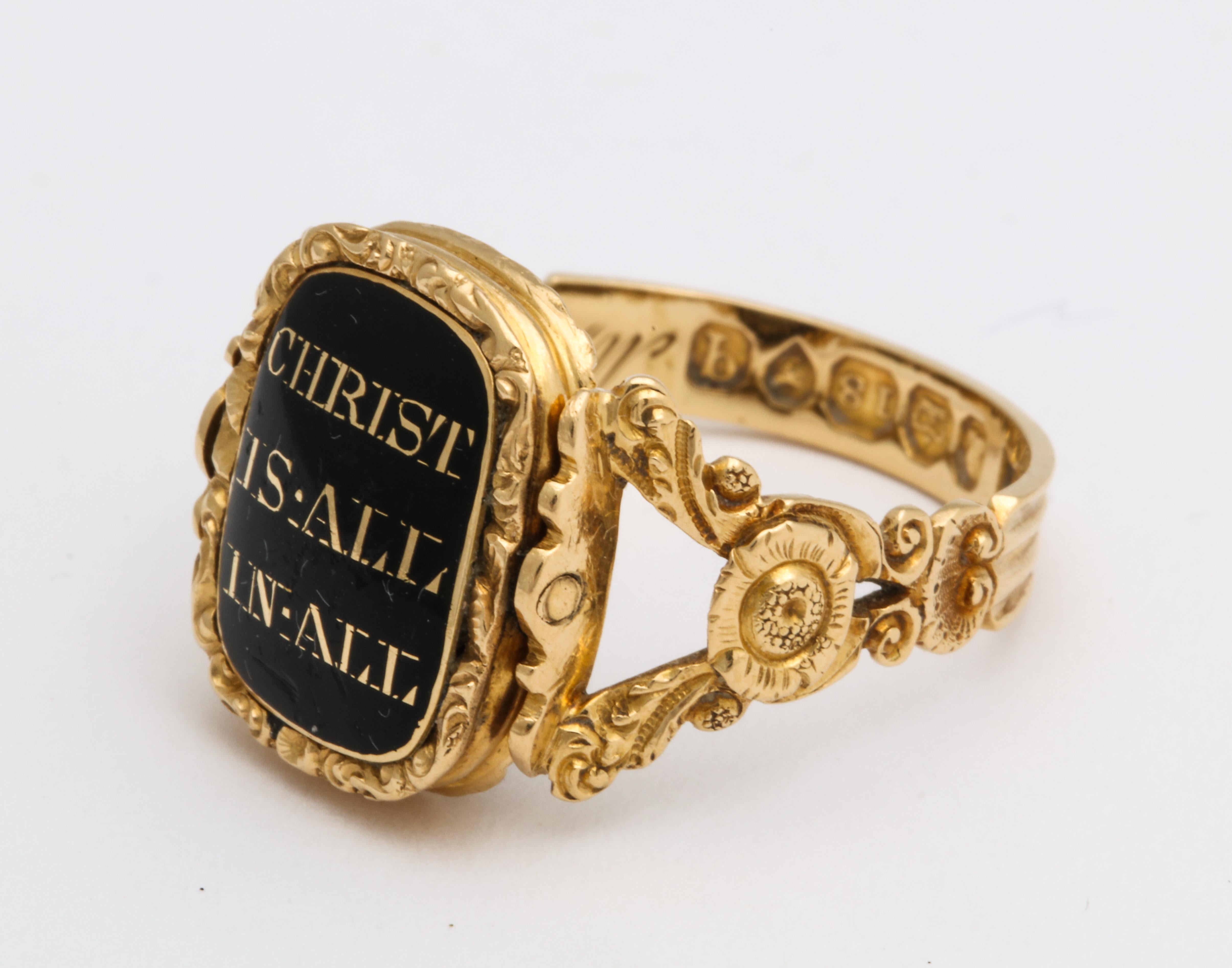 Rare antique Georgian Memorial Swivel Ring Glorifying Christ London 1831 made within a year of the deceased's death.  An exquisite 19th century 18 kt double ring, once belonged to a family, swivels to show the message 