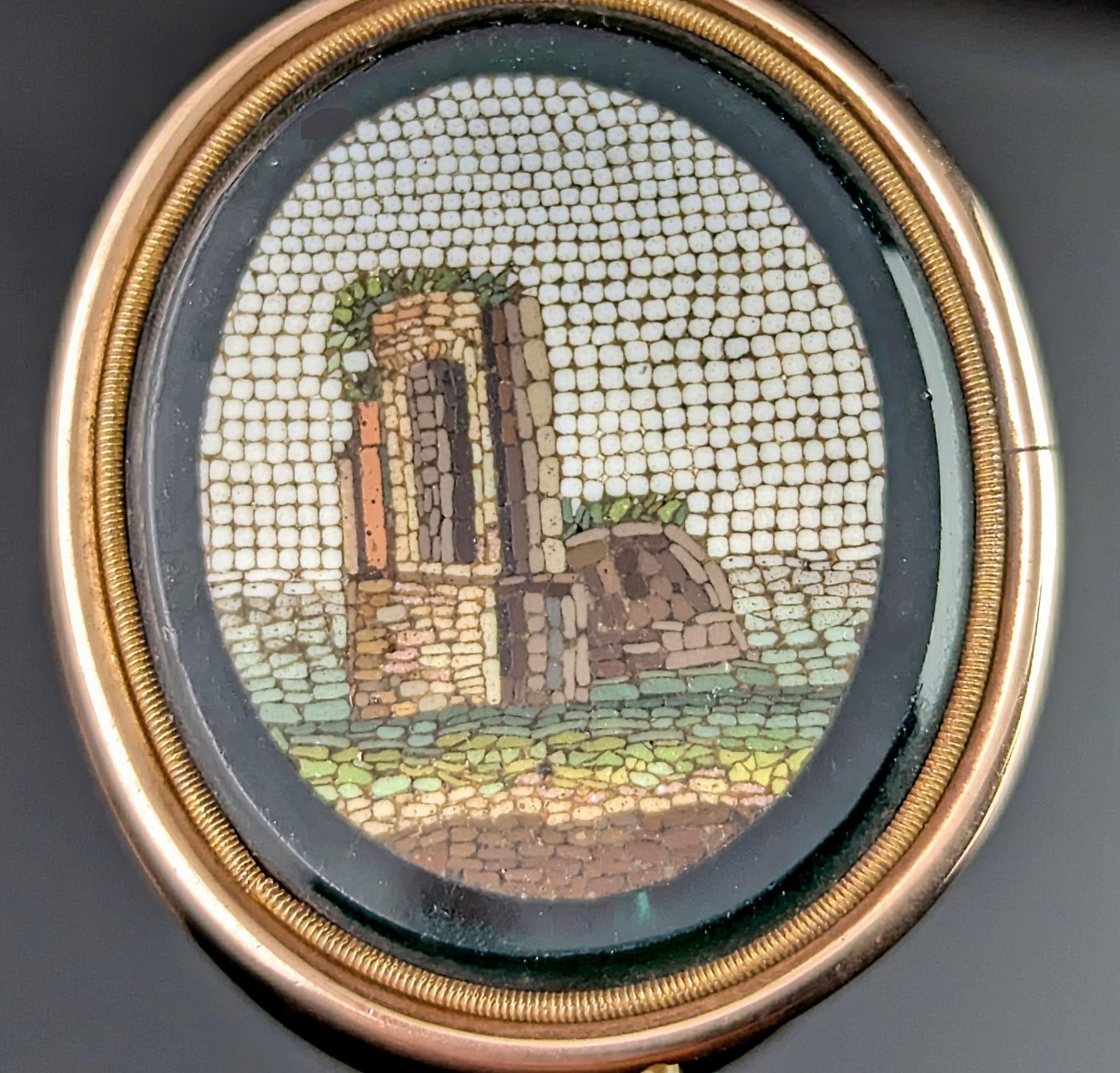 Antique Georgian micro mosaic brooch, 9k gold, Green glass  5