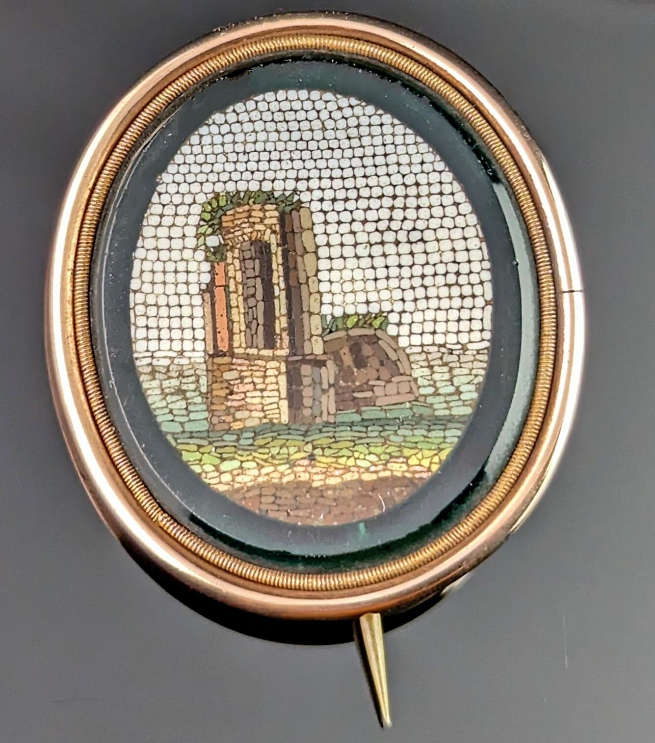 Antique Georgian micro mosaic brooch, 9k gold, Green glass  6