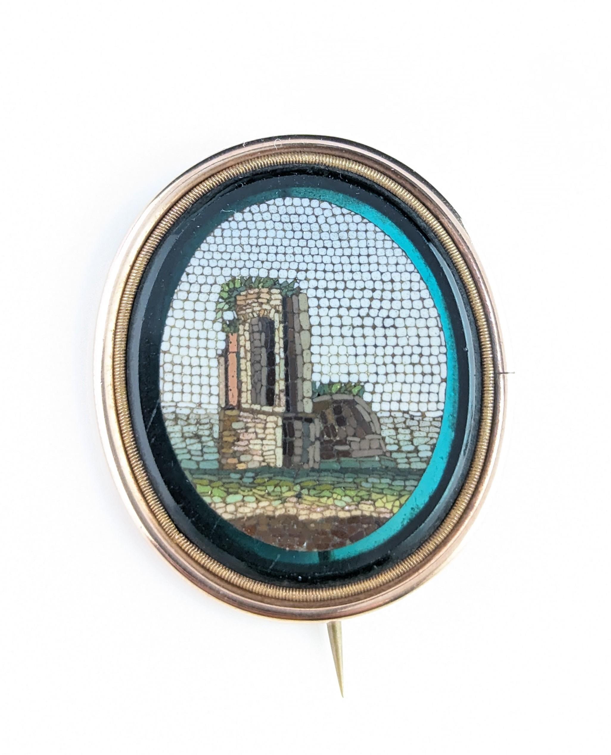 Antique Georgian micro mosaic brooch, 9k gold, Green glass  8