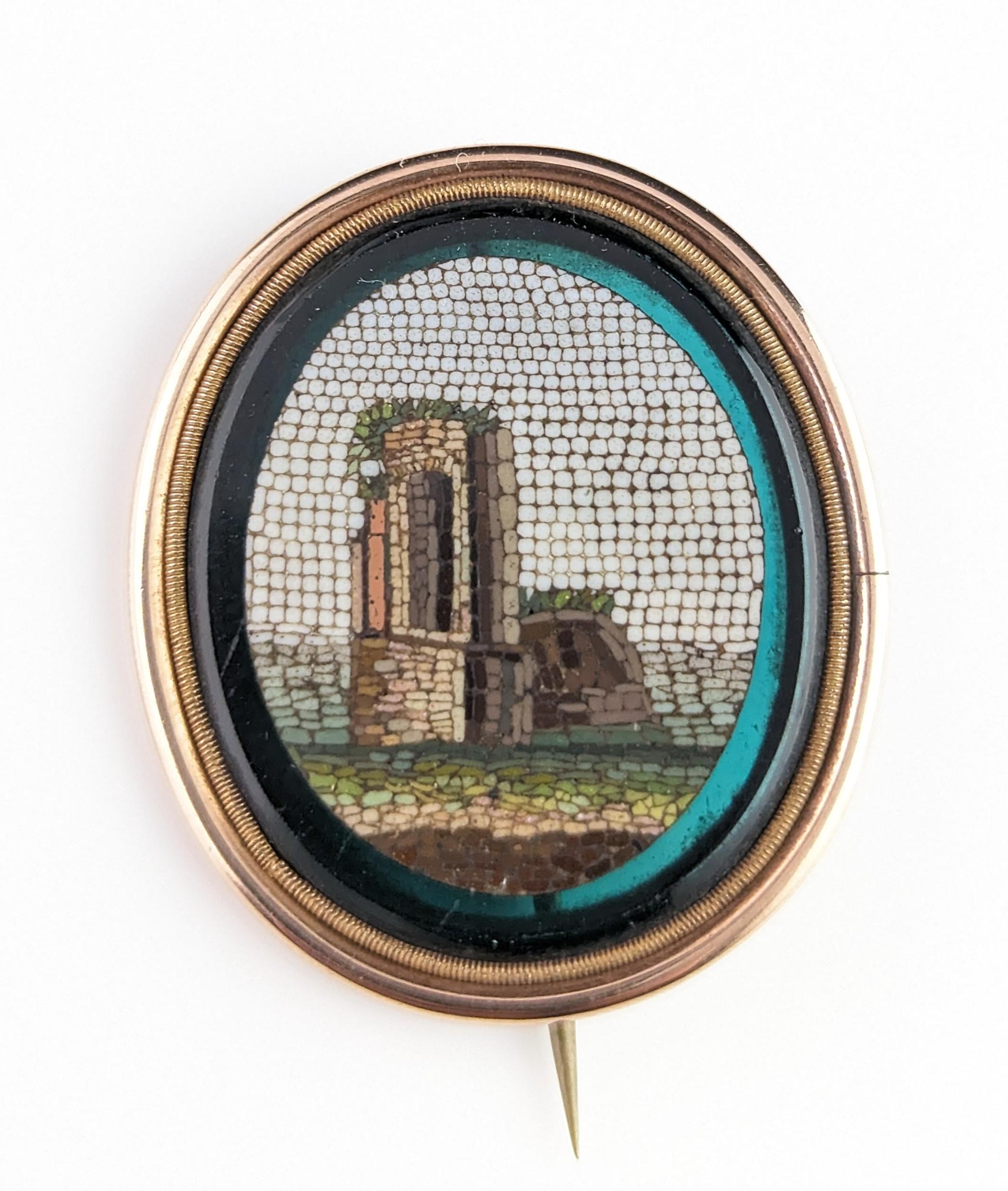 Antique Georgian micro mosaic brooch, 9k gold, Green glass  9