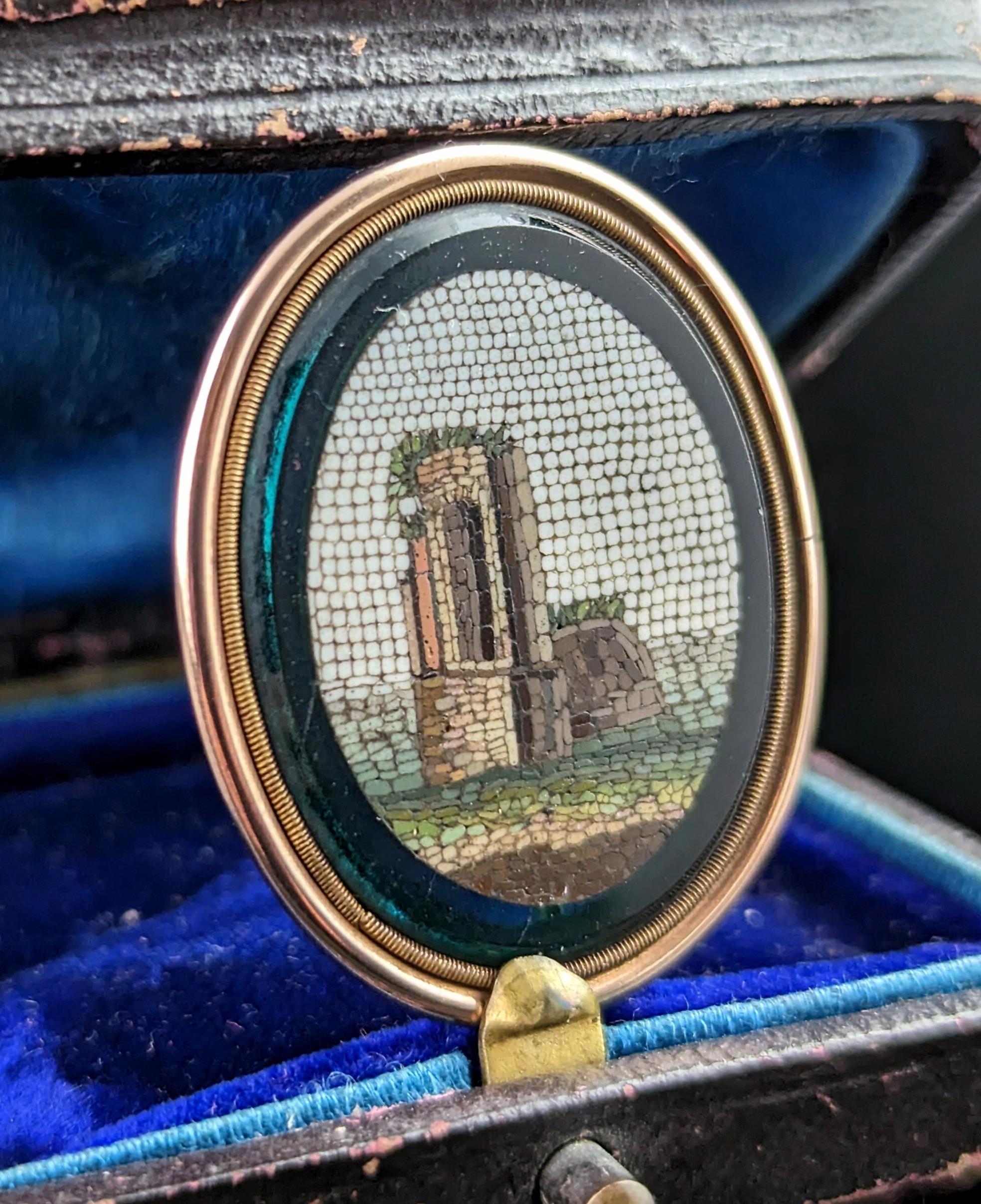 Women's or Men's Antique Georgian micro mosaic brooch, 9k gold, Green glass 
