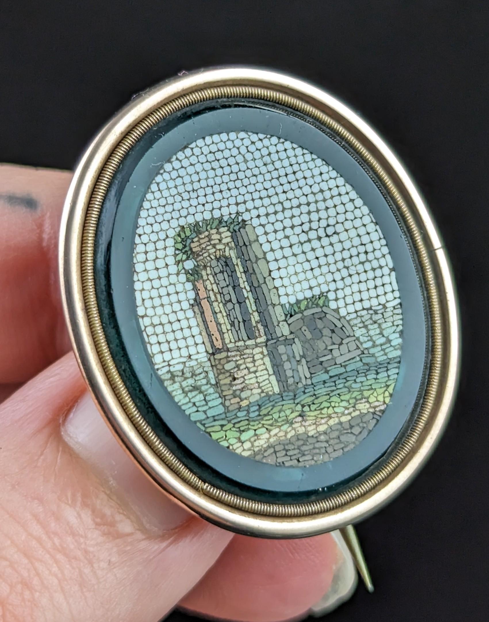 Antique Georgian micro mosaic brooch, 9k gold, Green glass  2