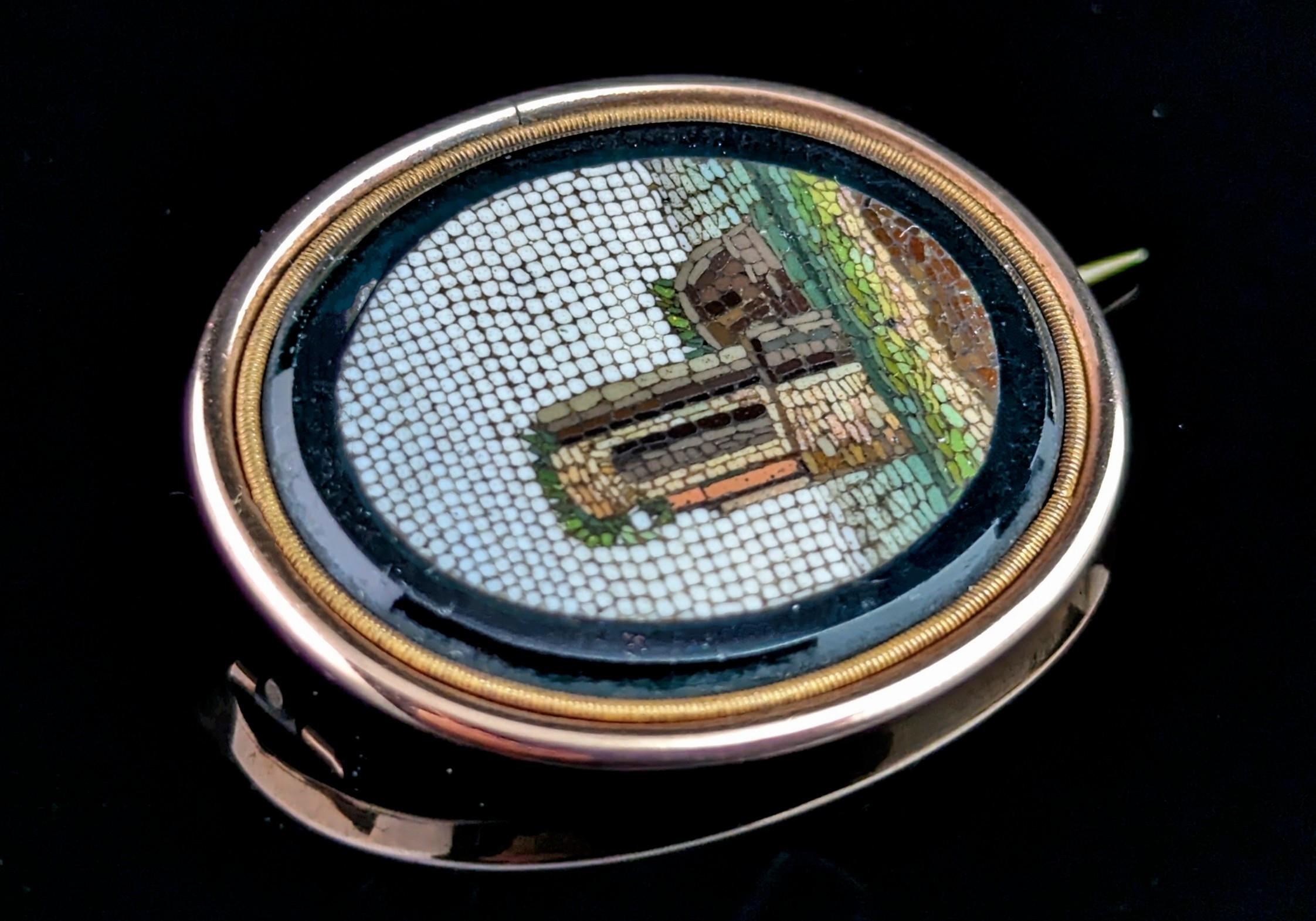Antique Georgian micro mosaic brooch, 9k gold, Green glass  4
