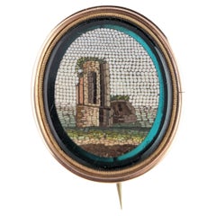 Antique Georgian micro mosaic brooch, 9k gold, Green glass 