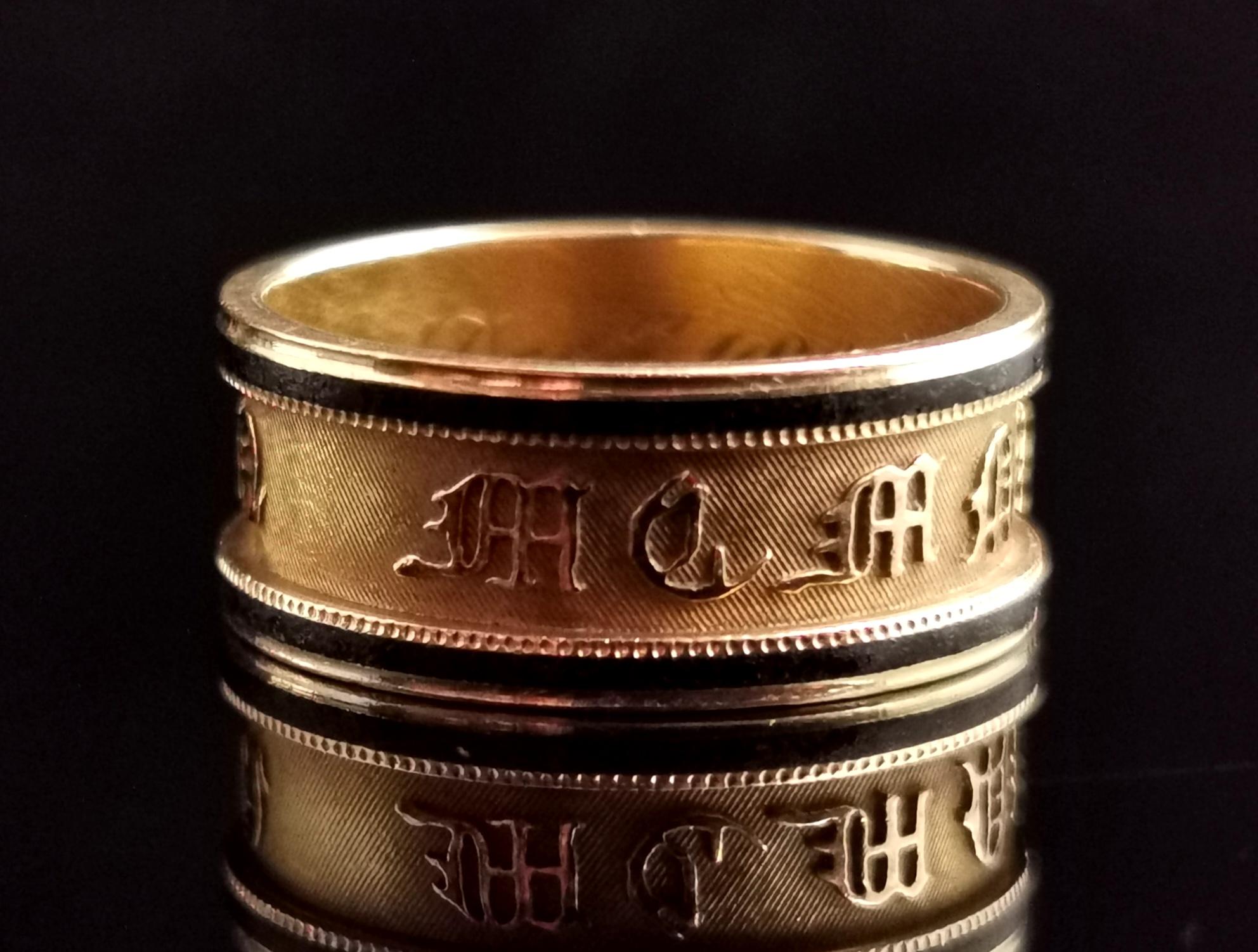 Antique Georgian Mourning Band Ring, 18k Gold, Black Enamel, in Memory of 5