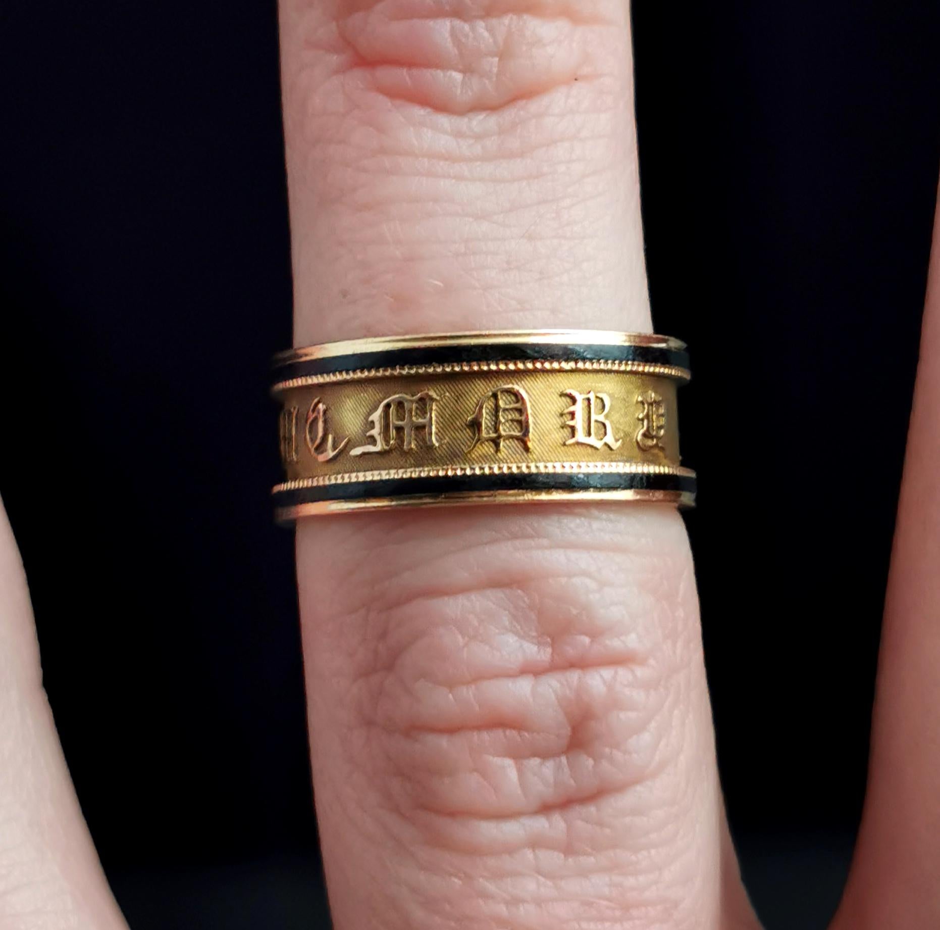Antique Georgian Mourning Band Ring, 18k Gold, Black Enamel, in Memory of 8