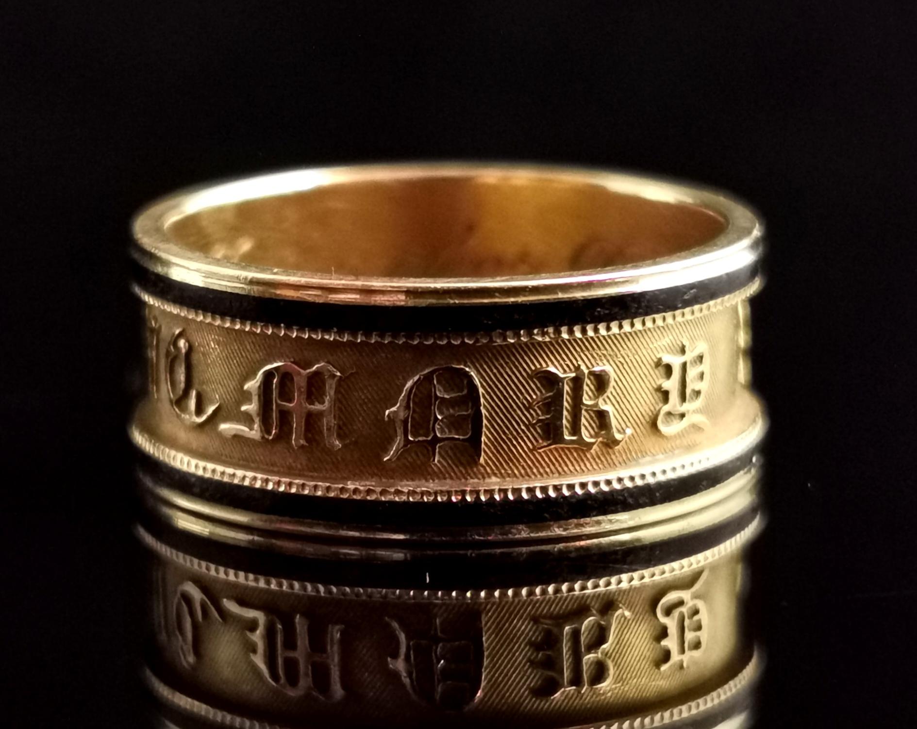 Women's or Men's Antique Georgian Mourning Band Ring, 18k Gold, Black Enamel, in Memory of