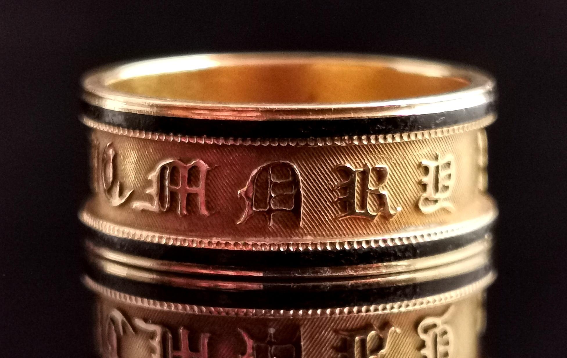 Antique Georgian Mourning Band Ring, 18k Gold, Black Enamel, in Memory of 2