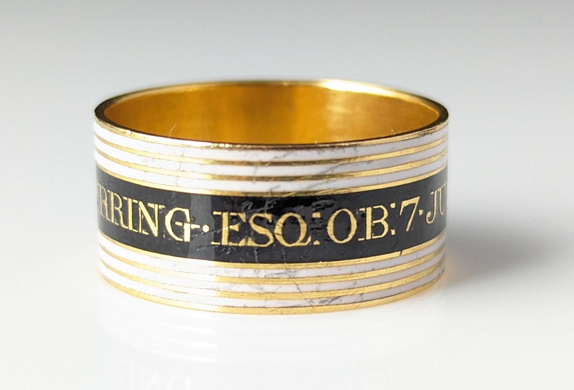 Antique Georgian Mourning band ring, 22k gold, Black and White enamel  For Sale 7