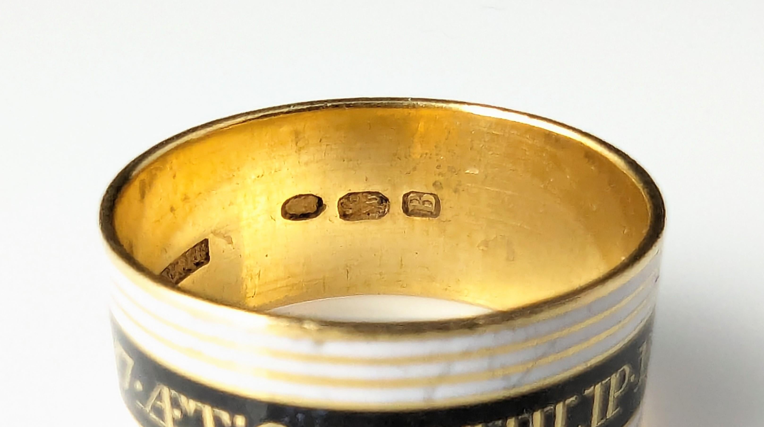 Antique Georgian Mourning band ring, 22k gold, Black and White enamel  For Sale 8