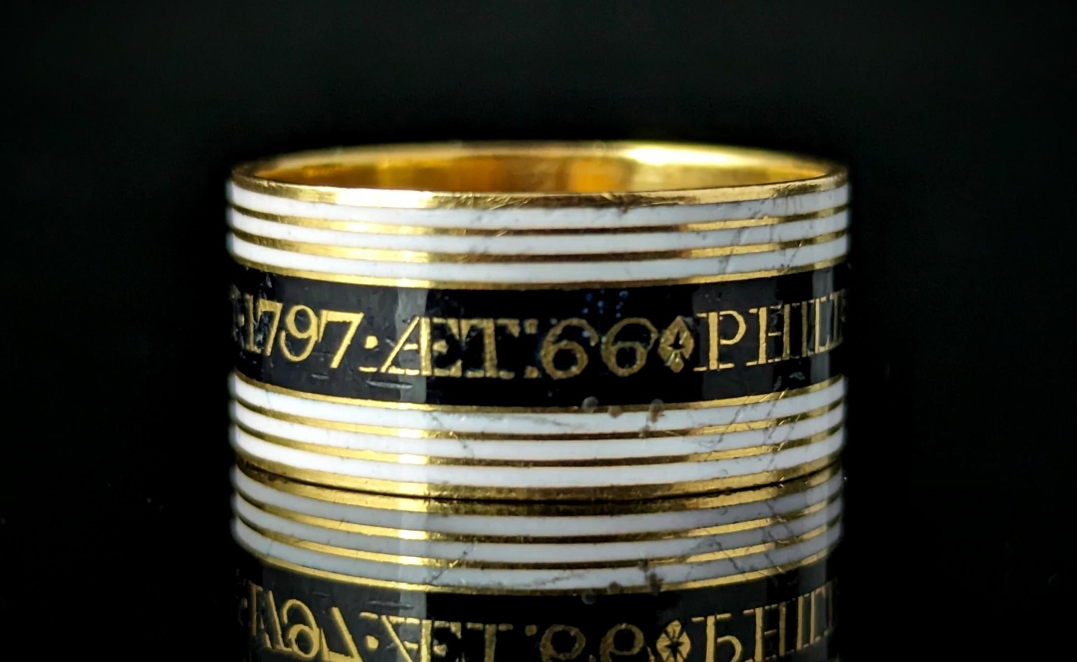 Women's or Men's Antique Georgian Mourning band ring, 22k gold, Black and White enamel  For Sale