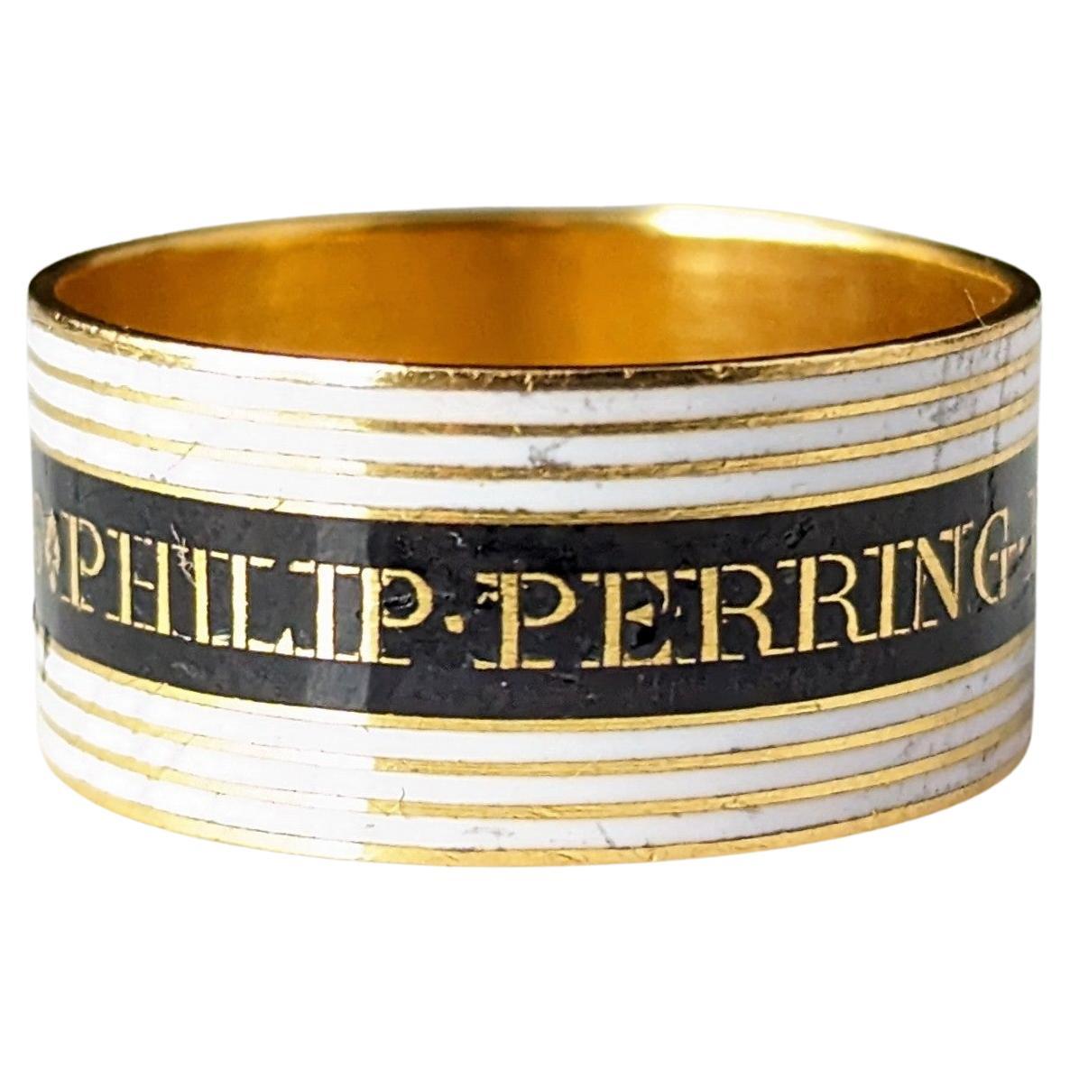 Antique Georgian Mourning band ring, 22k gold, Black and White enamel 