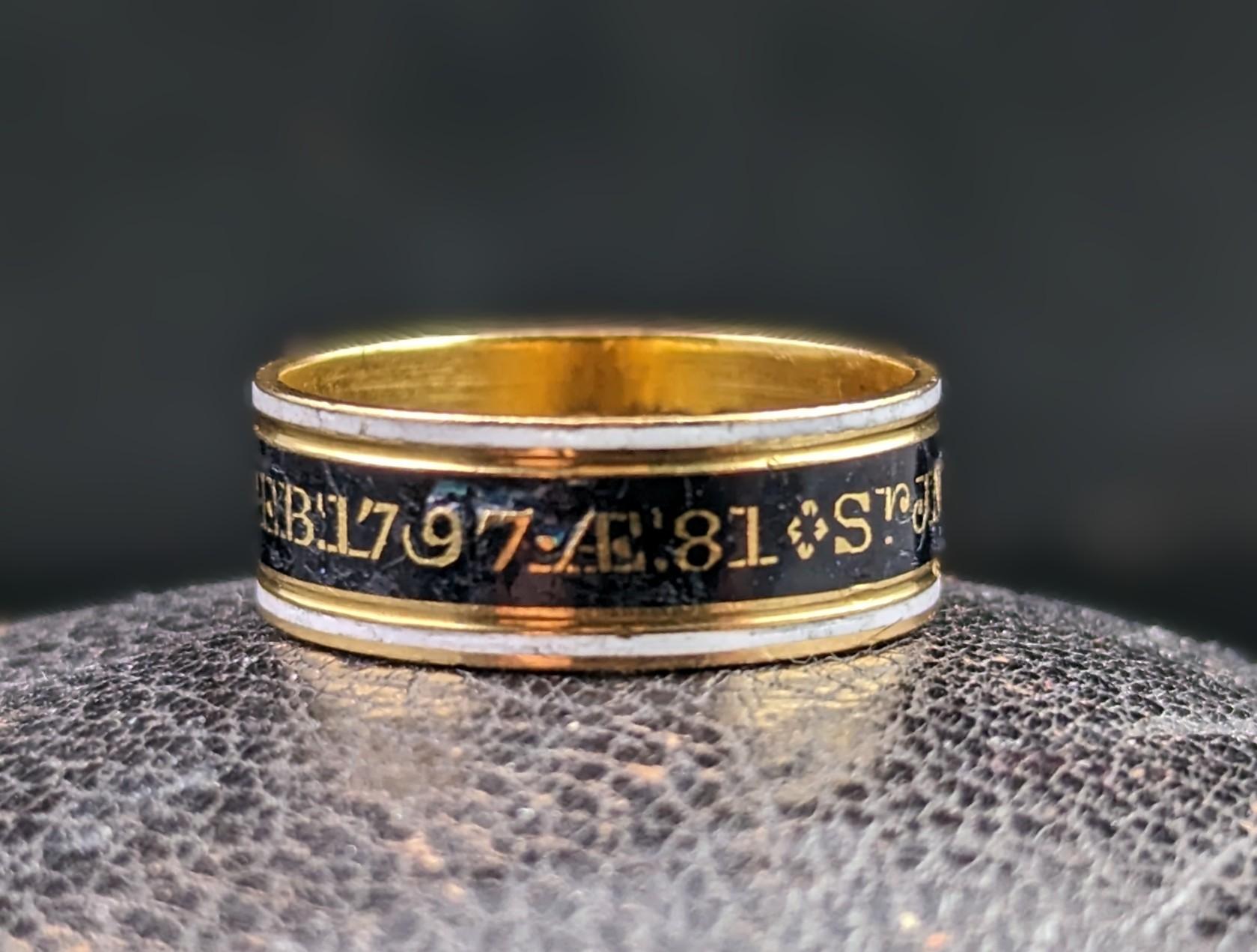 Antique Georgian Mourning Band Ring, 22k Gold, Enamel, 18th Century 1
