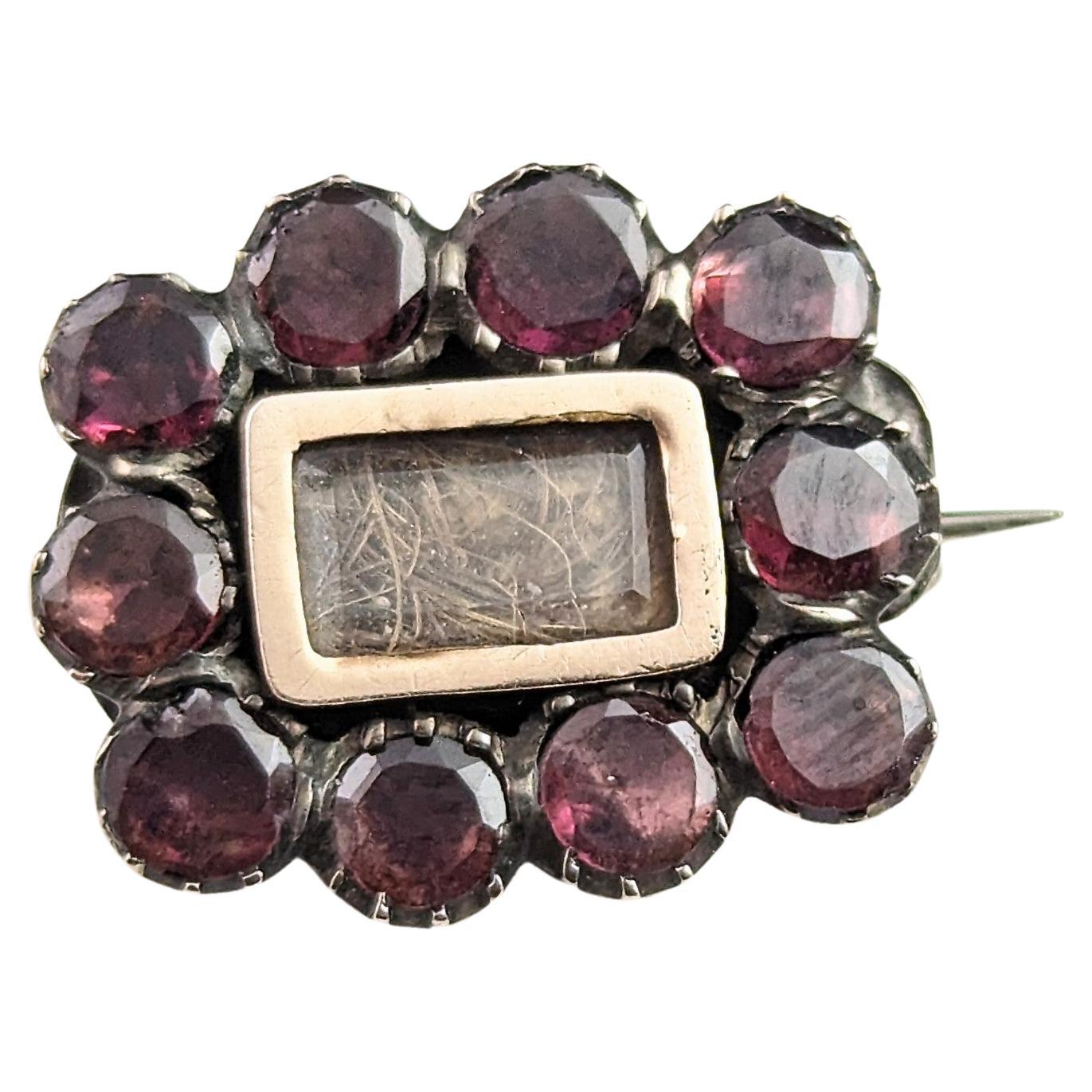 Antique Georgian Mourning brooch, Flat cut Garnet, Lace pin